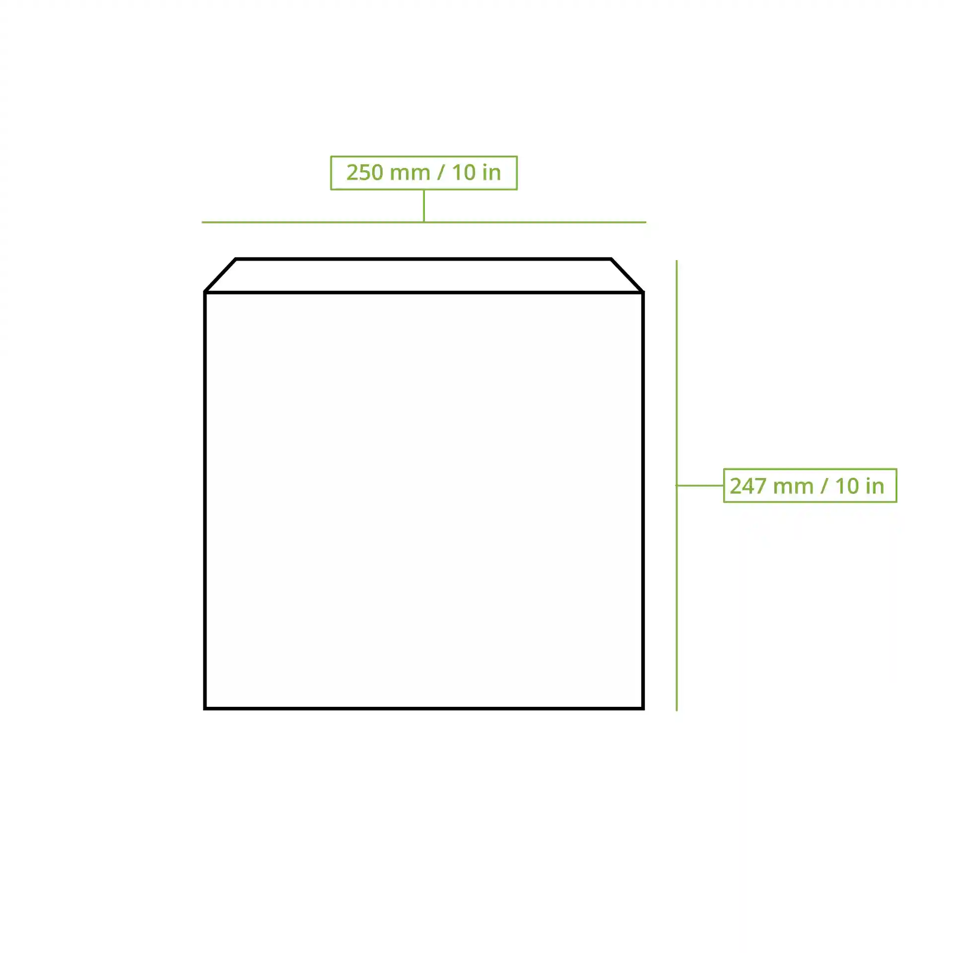 Schematic drawing of a rectangular bag with dimensions 250 mm by 247 mm, featuring a flat top.