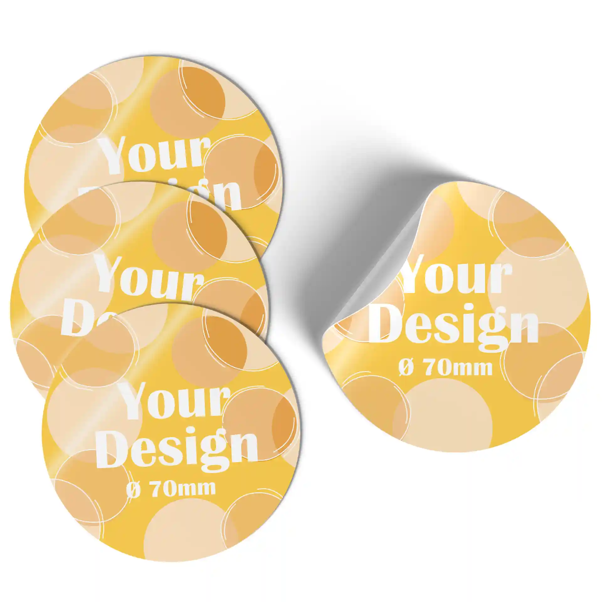 Round printed labels with a glossy yellow background and white text, measuring 70 mm in diameter.