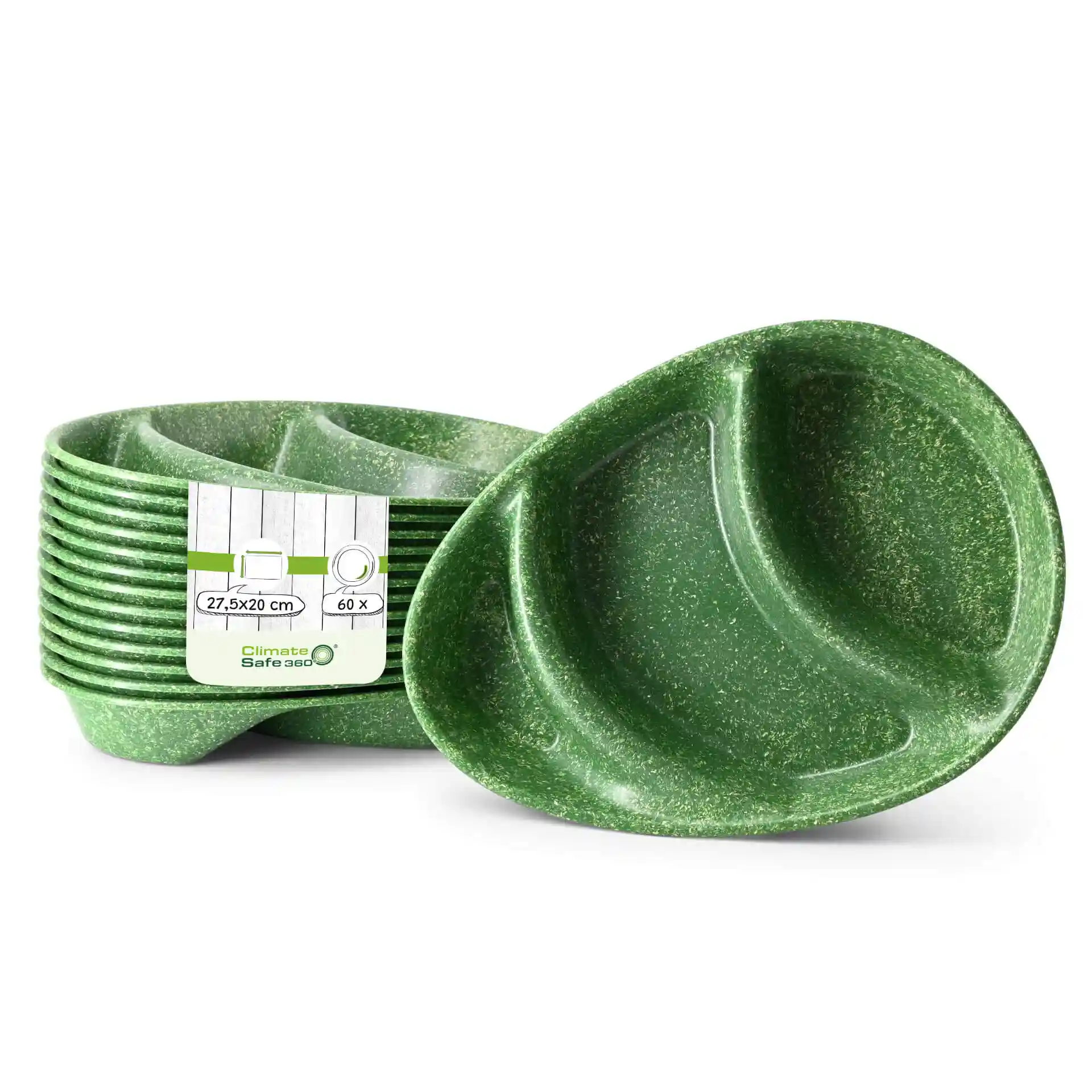 Green reusable menu plates with three compartments, measuring 27.5 x 20 cm, stacked with one plate in front.