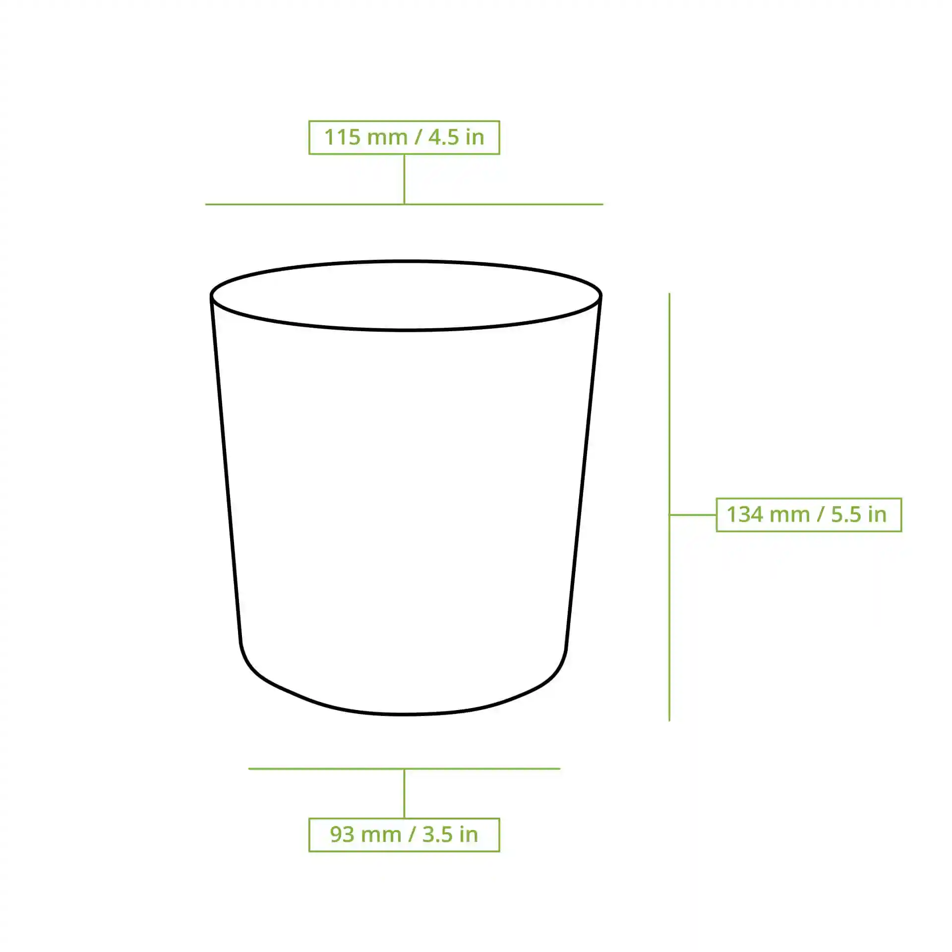 Schematic drawing of a round cardboard soup cup with dimensions: height 130 mm, diameter 115 mm, base diameter 93 mm.