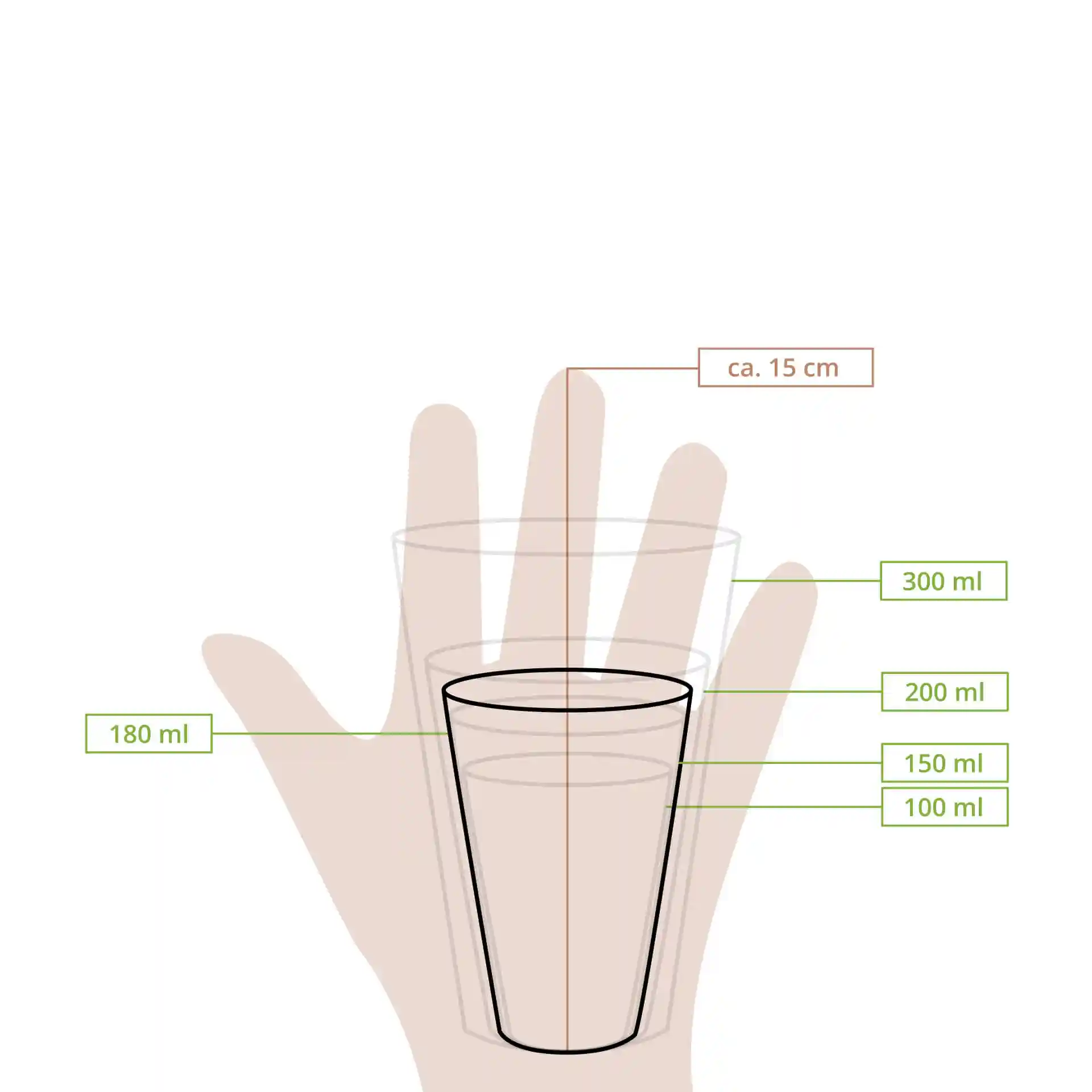 Schematische Zeichnung eines Bechers mit Maßlinien, die Höhe und Volumen von 100 ml bis 300 ml anzeigen.