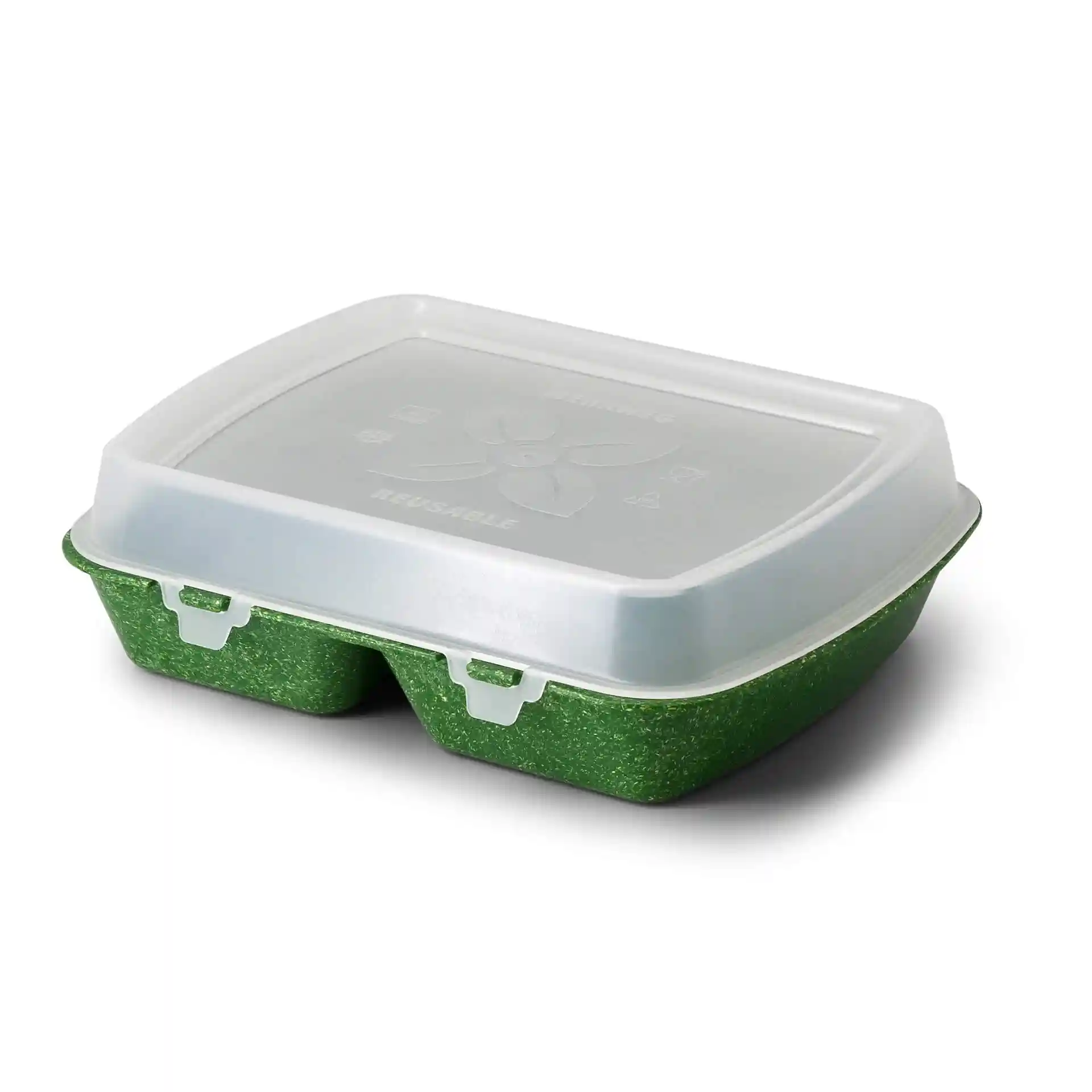 Reusable meal container with a green base and clear lid, featuring two compartments and a floral design on the lid.