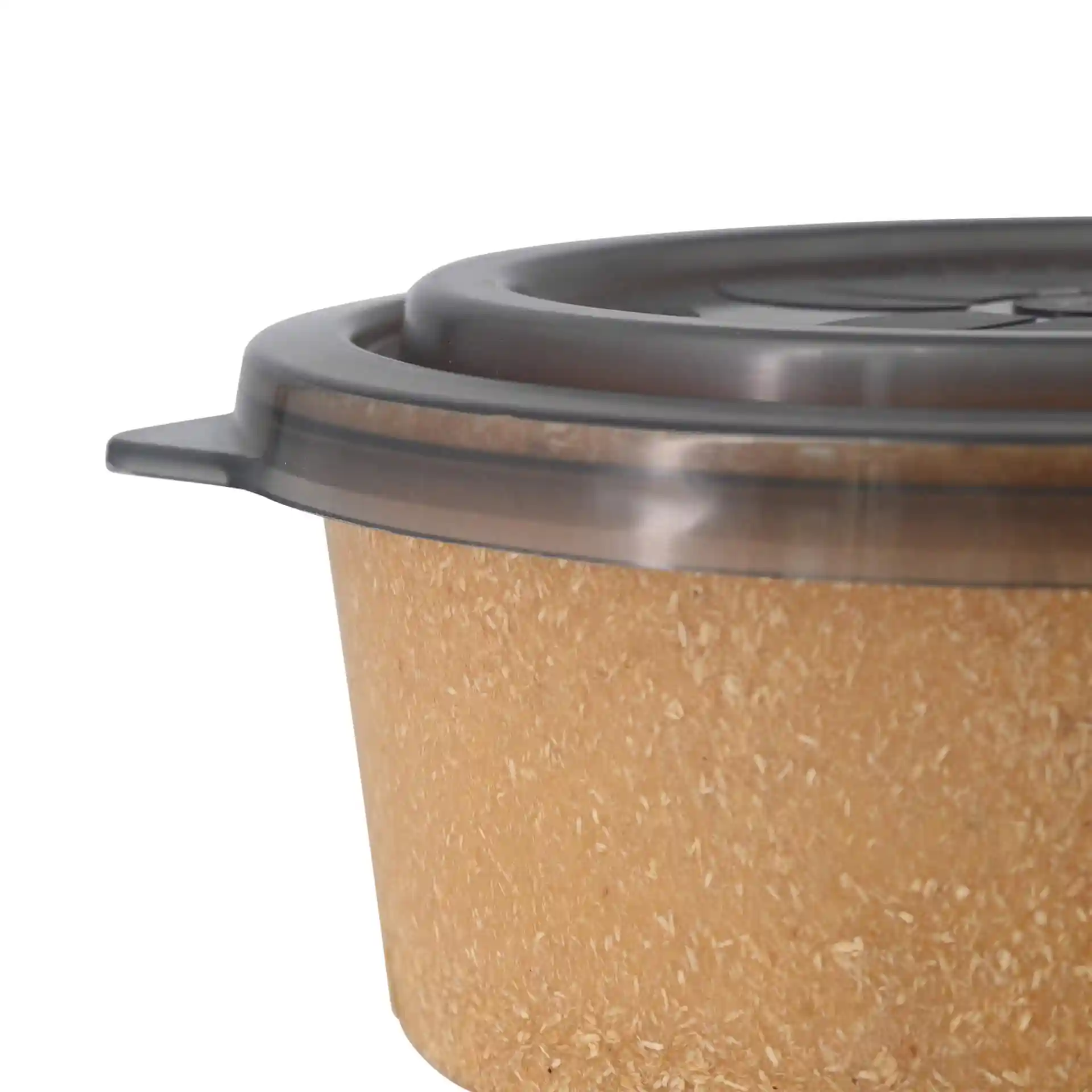 Round bowl with a textured light brown exterior and a grey plastic lid.