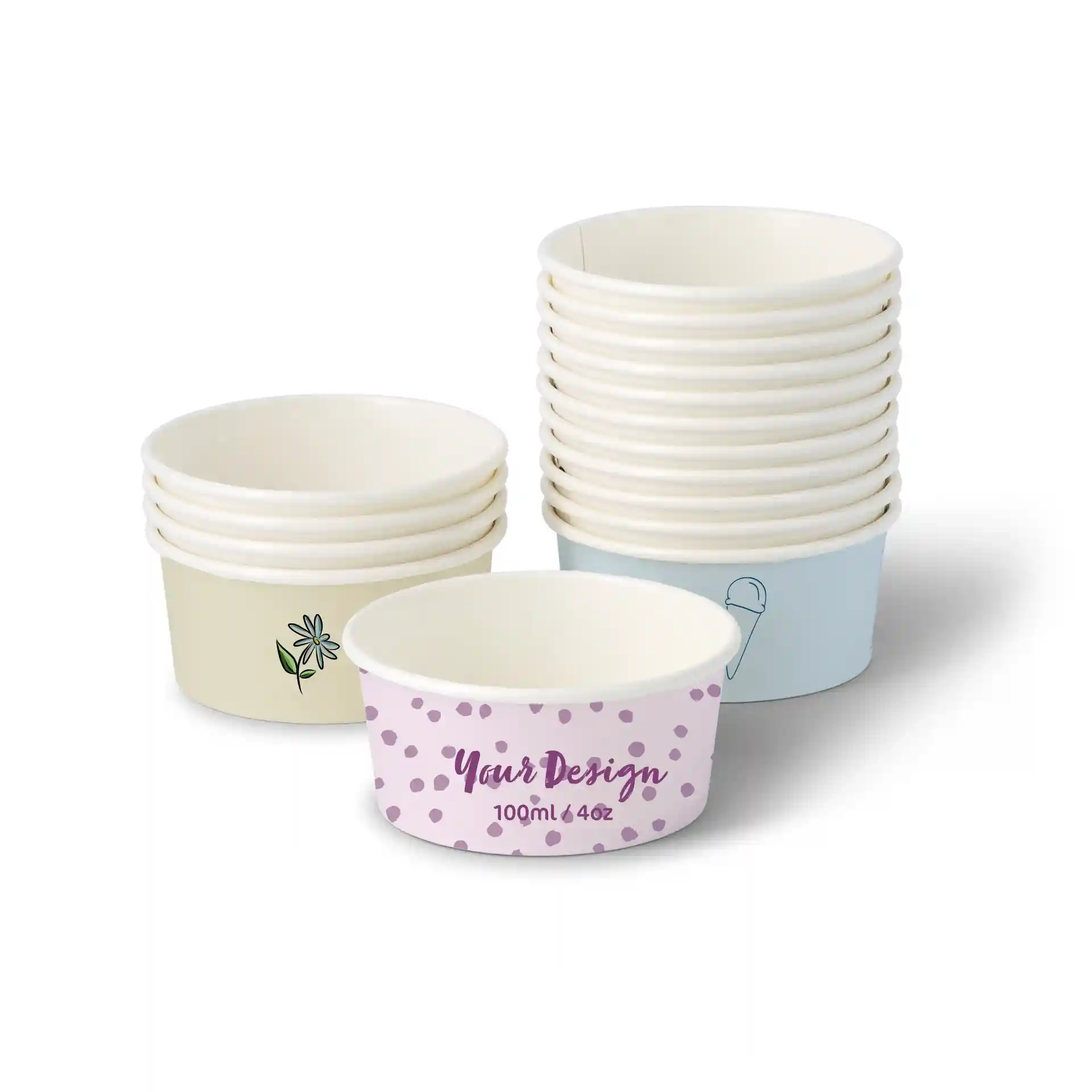 Round cardboard ice cream cups in white, featuring a design with polka dots and a flower, stacked with several cups behind.