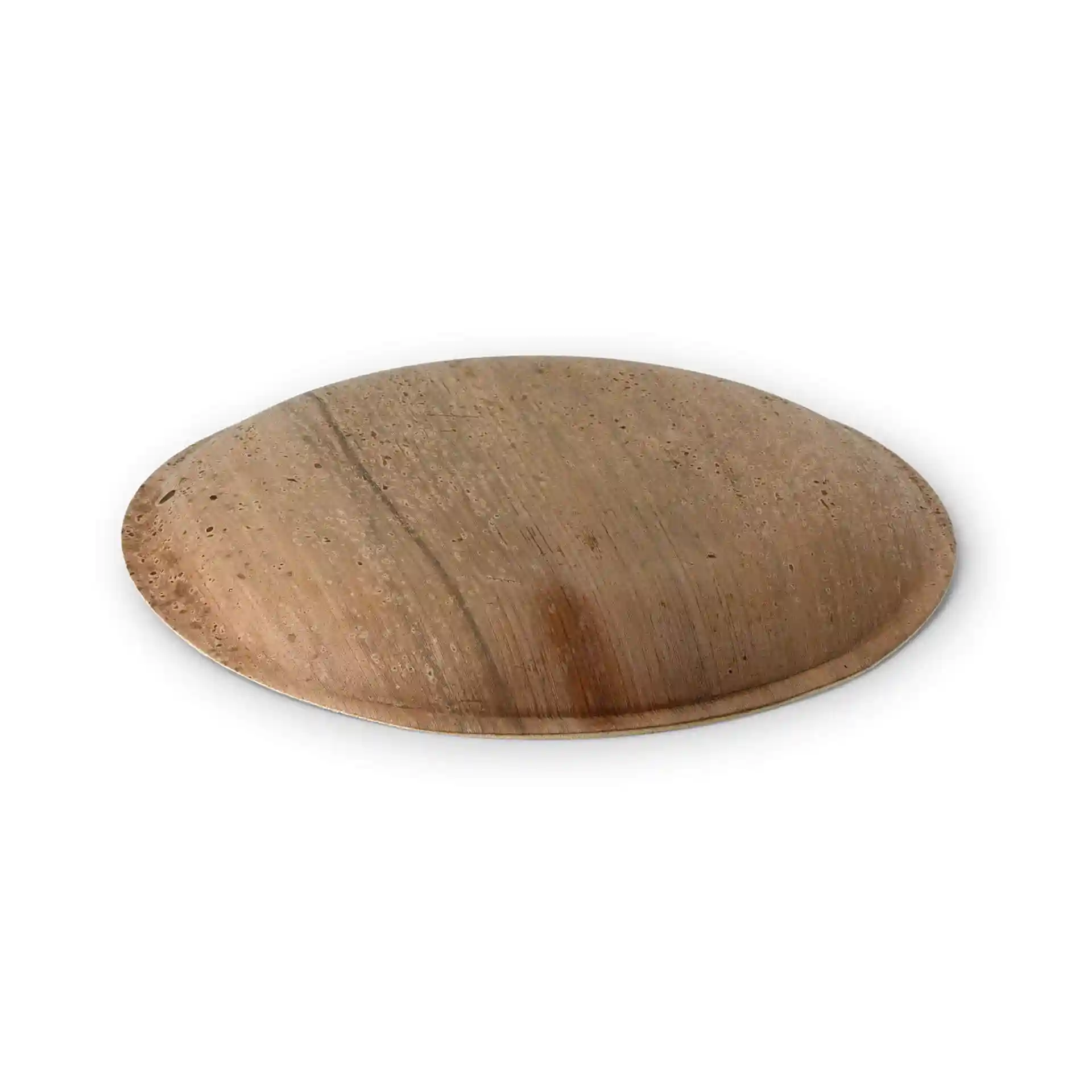 Runde Palmblattplatte mit einem Durchmesser von 23 cm, mit einer natürlichen Maserung auf der flachen Oberfläche.
