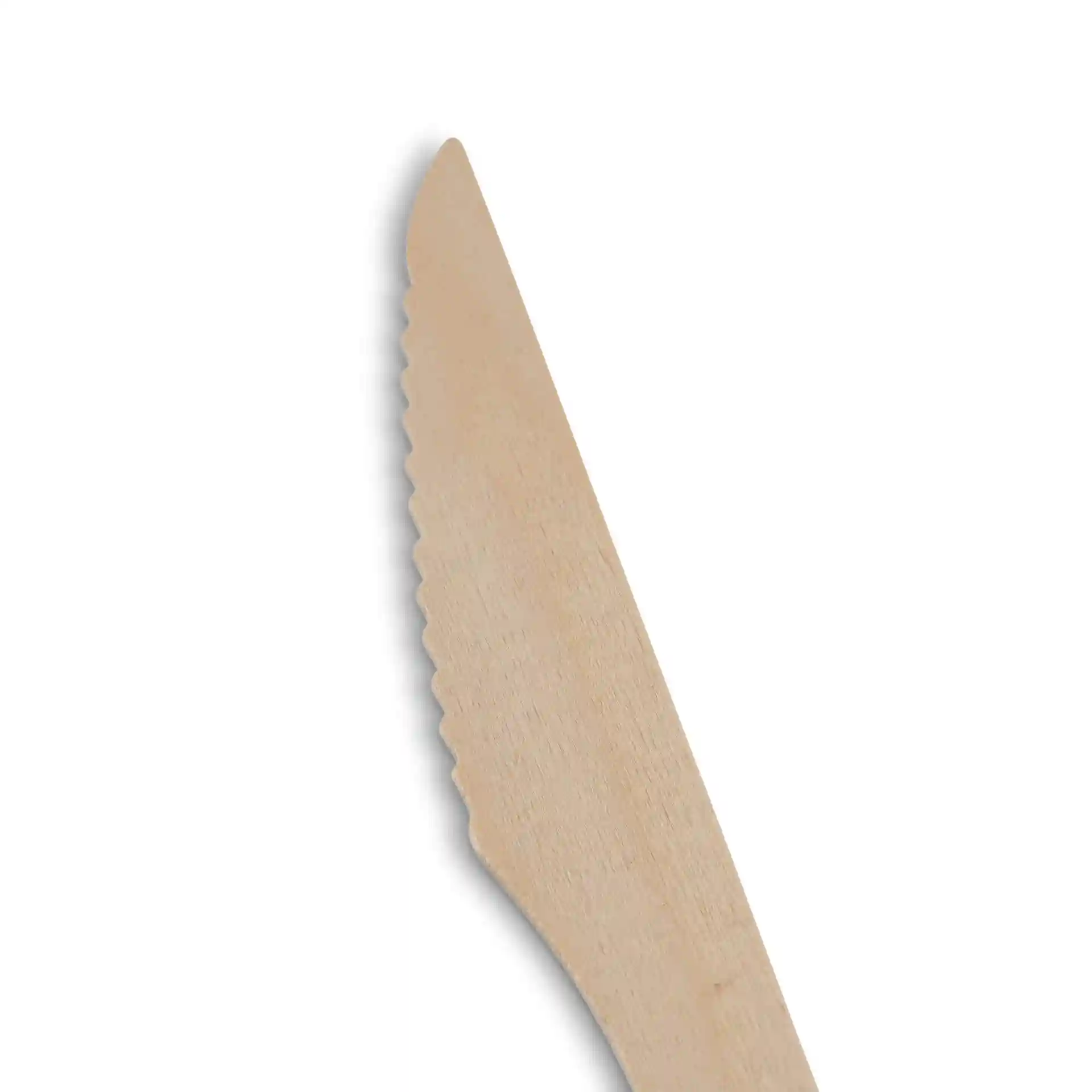 Holzmesser mit gezahntem Klingenrand, 16,5 cm lang, auf weißem Hintergrund.