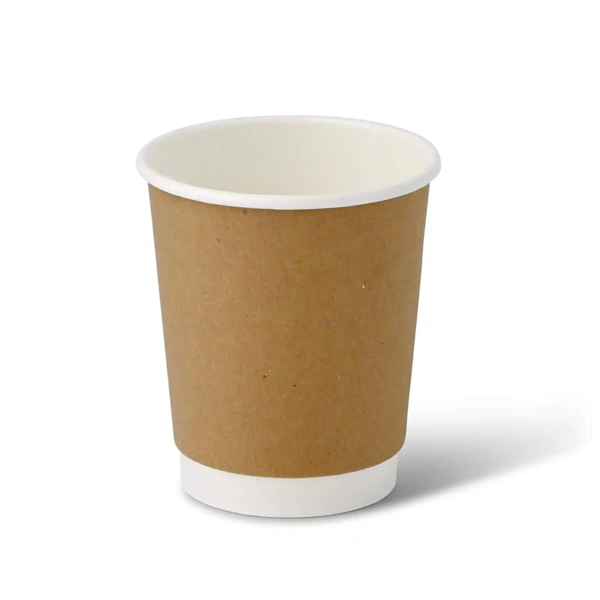Brauner doppelwandiger Pappbecher mit weißem Innenfutter, 8 oz Fassungsvermögen und runder Form.