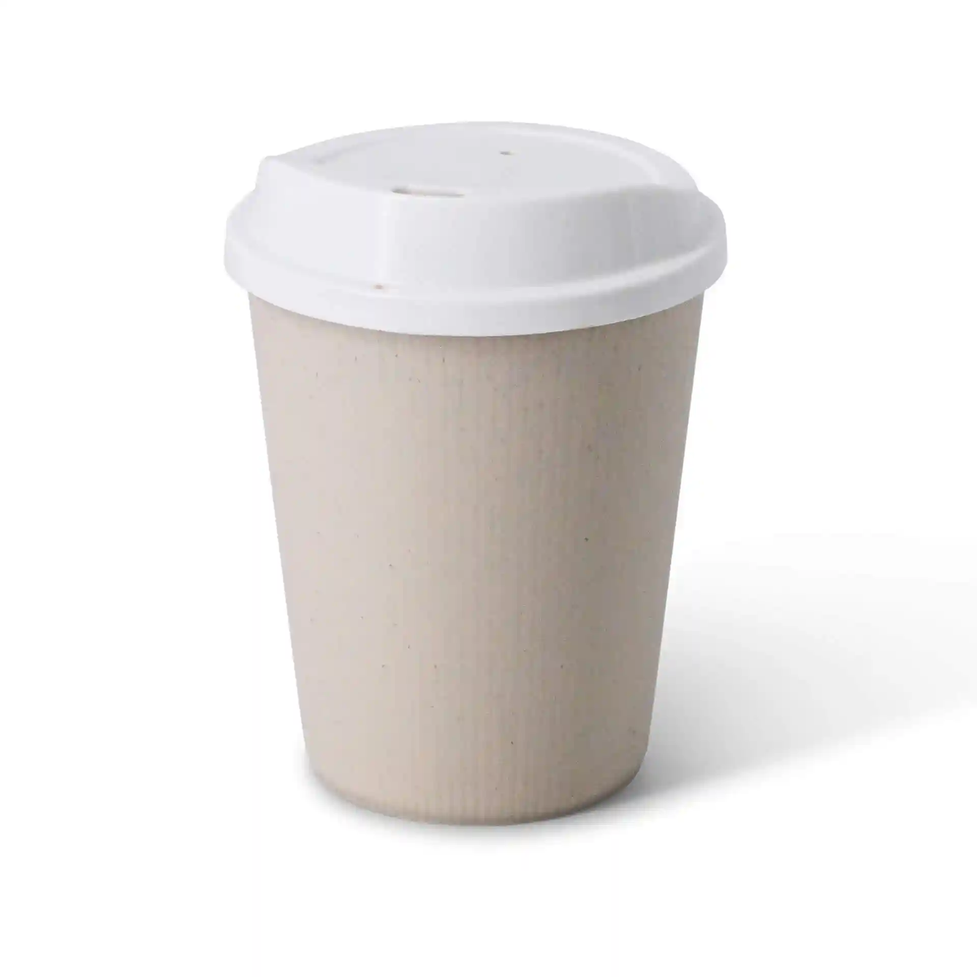 Cremeweißer wiederverwendbarer Becher mit weißem Deckel, 11 oz Kapazität, aus PP-Material.