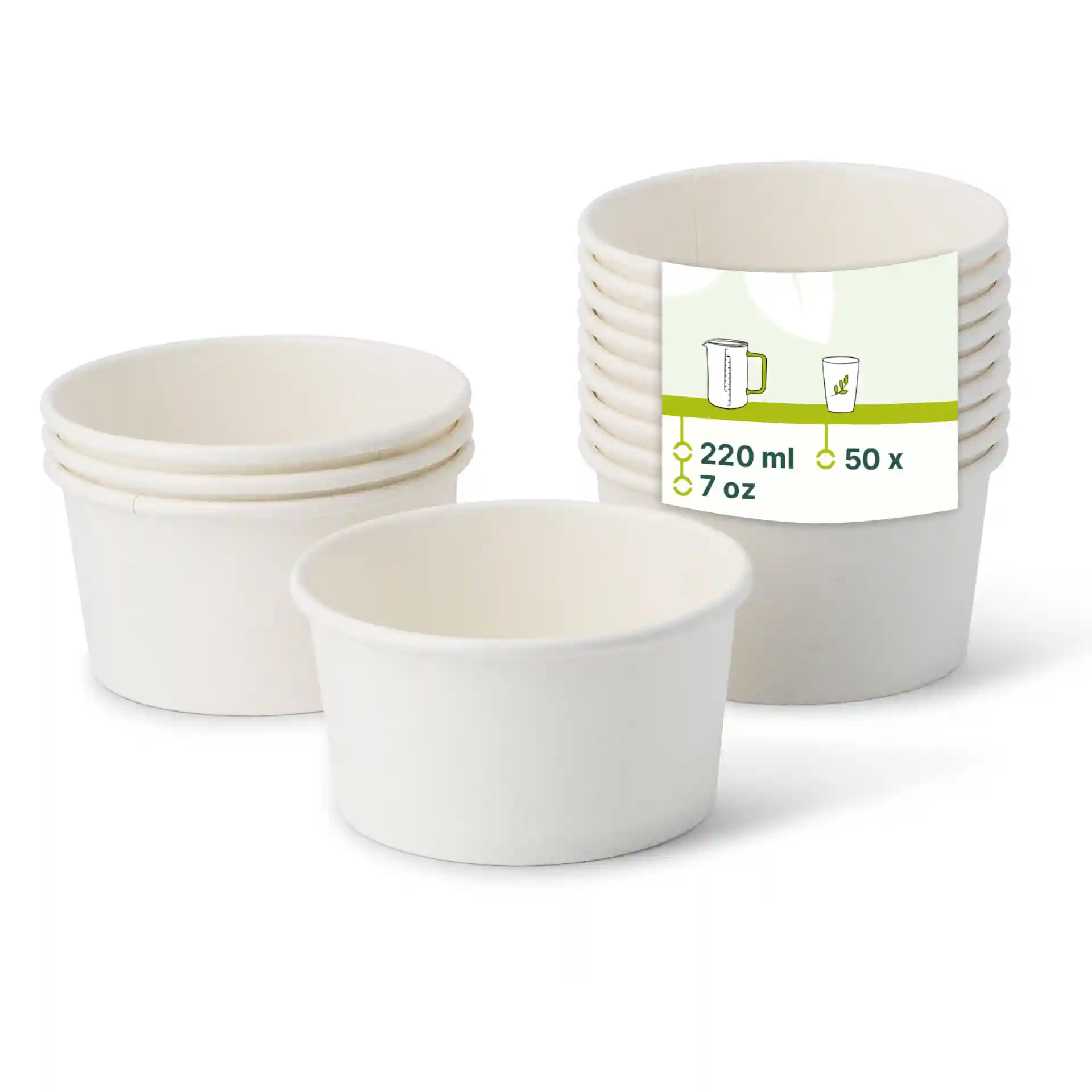 Stapel weißer Becher für Eiscreme mit einem Etikett, das ein Volumen von 220 ml und eine Menge von 50 Bechern zeigt.