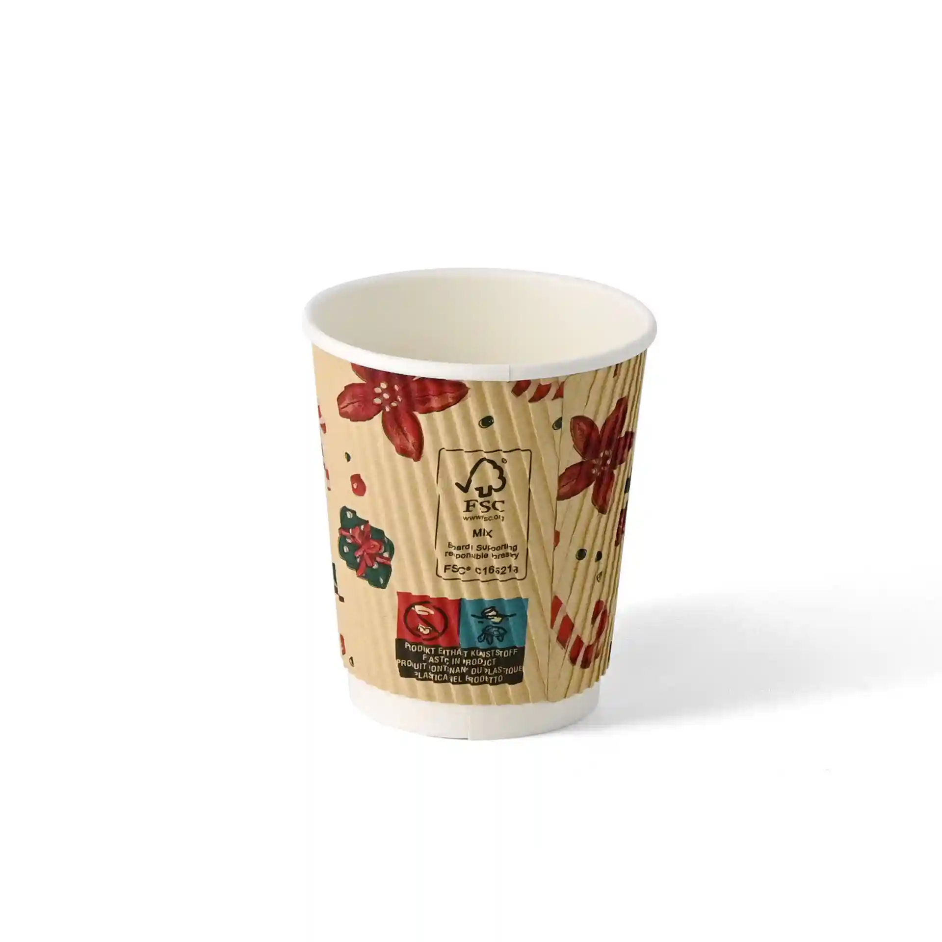 Brauner Rippbecher mit Winterdesign, 200 ml Fassungsvermögen, 90 mm Höhe und 80 mm Durchmesser.