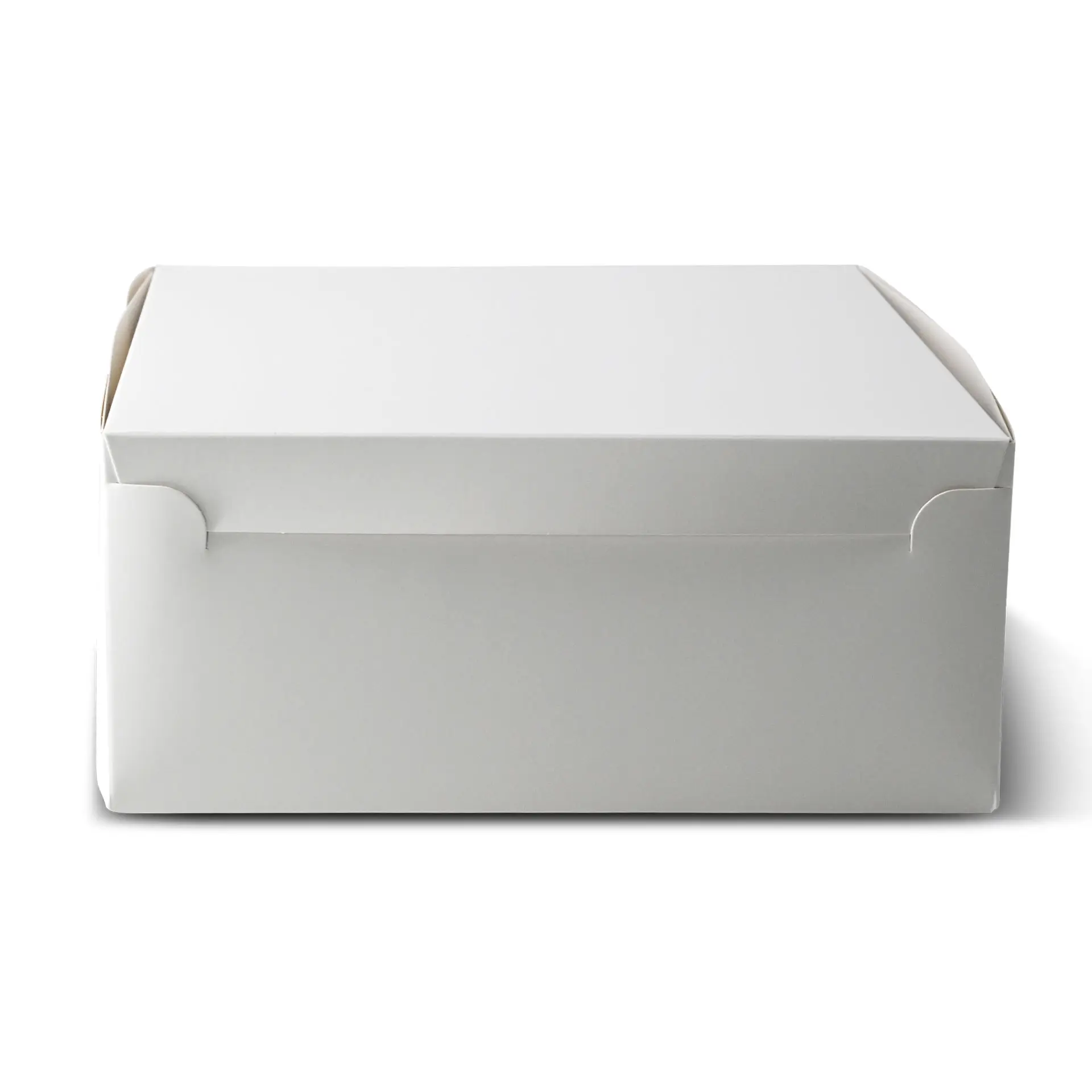 Weiße Kuchenbox mit Deckel, 23 x 23 x 10 cm, seitlich gezeigt.