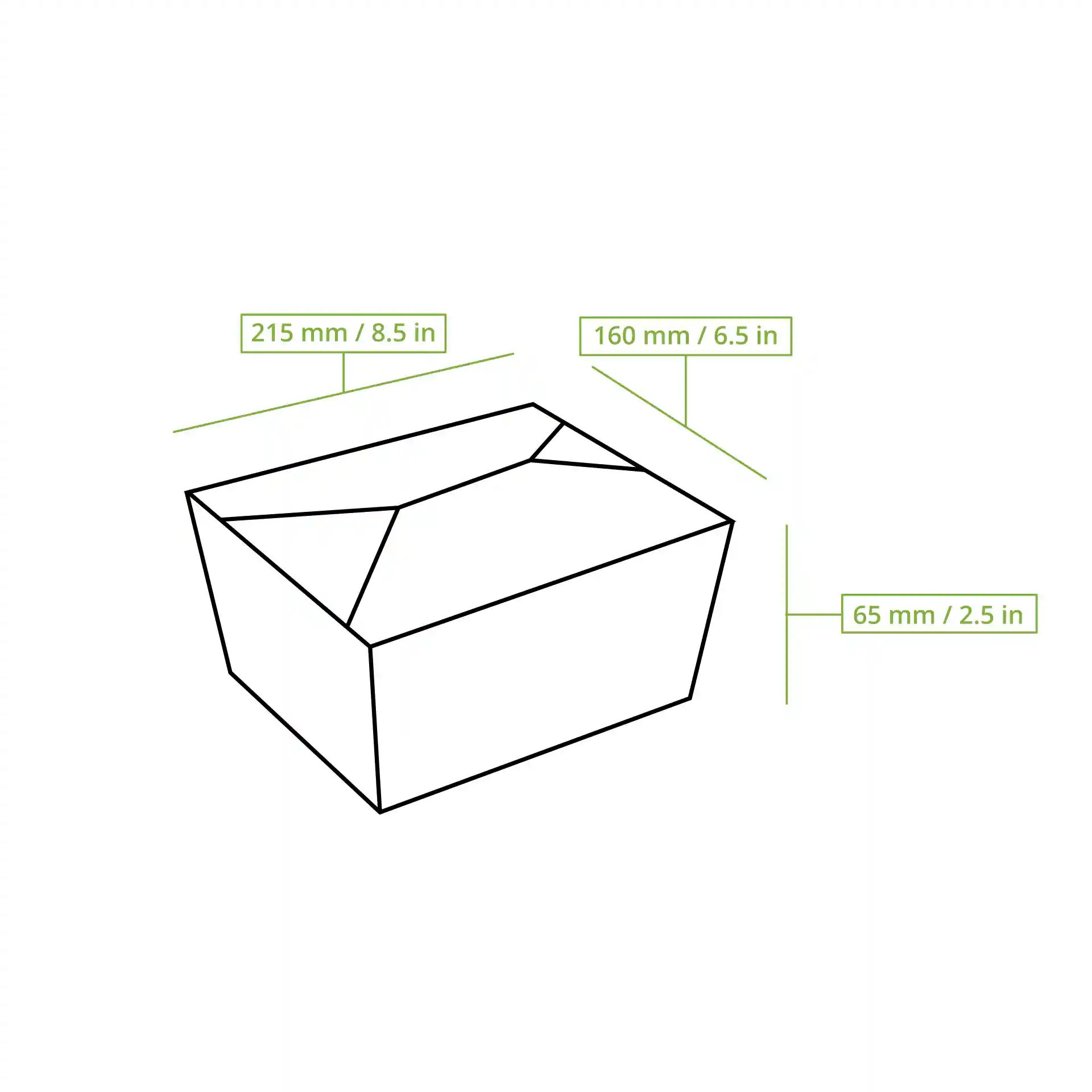 Schematic drawing of a rectangular takeaway container with dimensions labeled: 215 mm length, 160 mm width, and 65 mm height.
