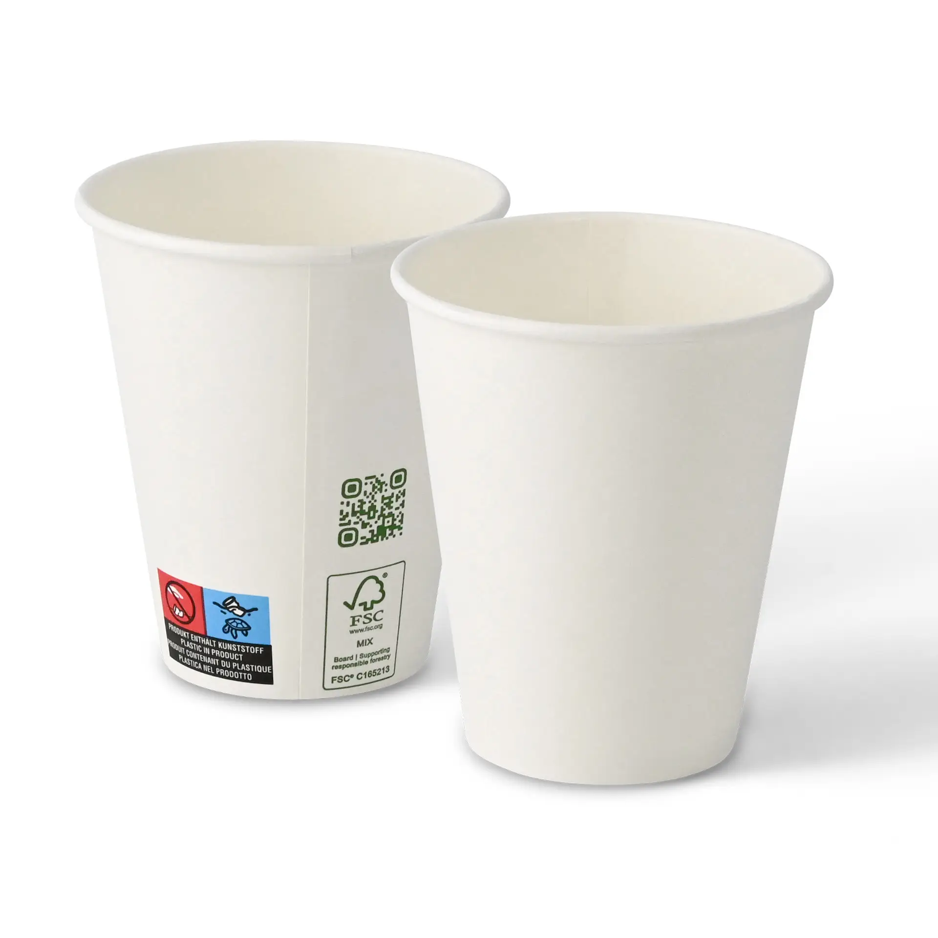 One white single-wall paper cup with a PLA coating, suitable for hot and cold drinks; another similar cup partially visible behind it.