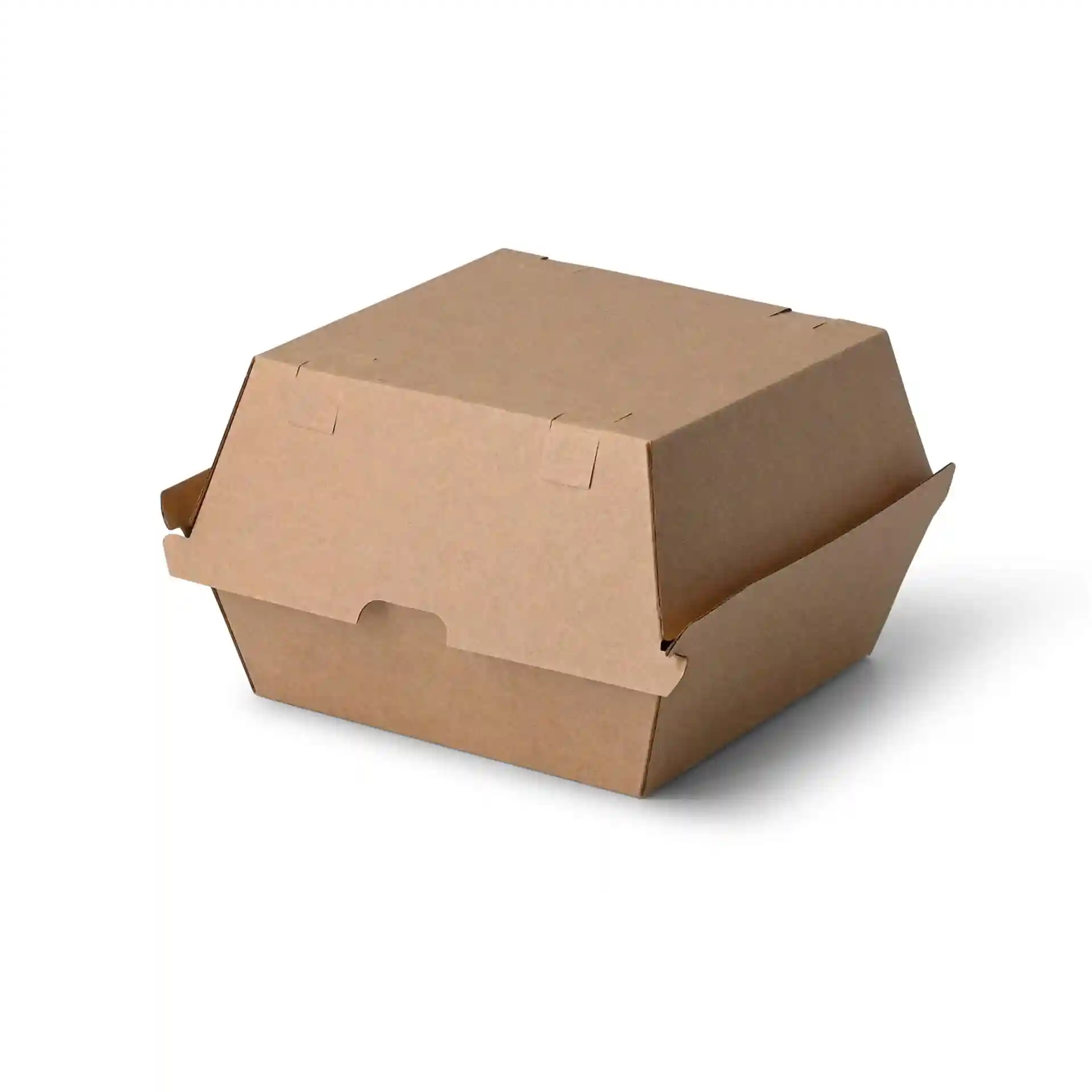 Braune rechteckige Burgerbox aus Karton, 16,8 x 15,8 x 9,8 cm, mit geschlossenem Deckel.