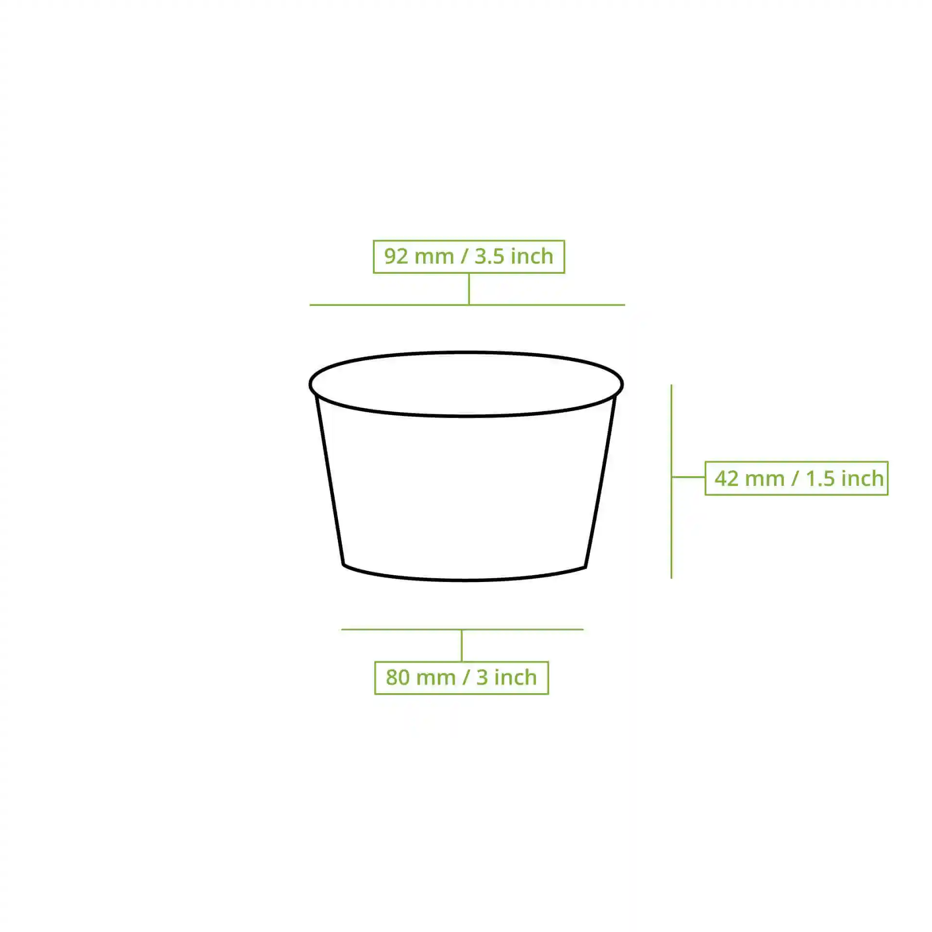 Schematic drawing of a round paper ice cream cup with dimensions: 92 mm diameter, 42 mm height, and 80 mm base diameter.