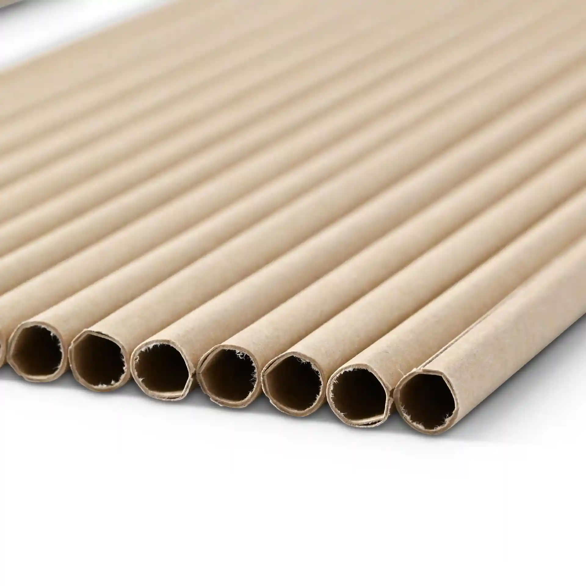 Brown paper drinking straws, 20 cm long and 0.6 cm wide, arranged in a row with open ends visible.