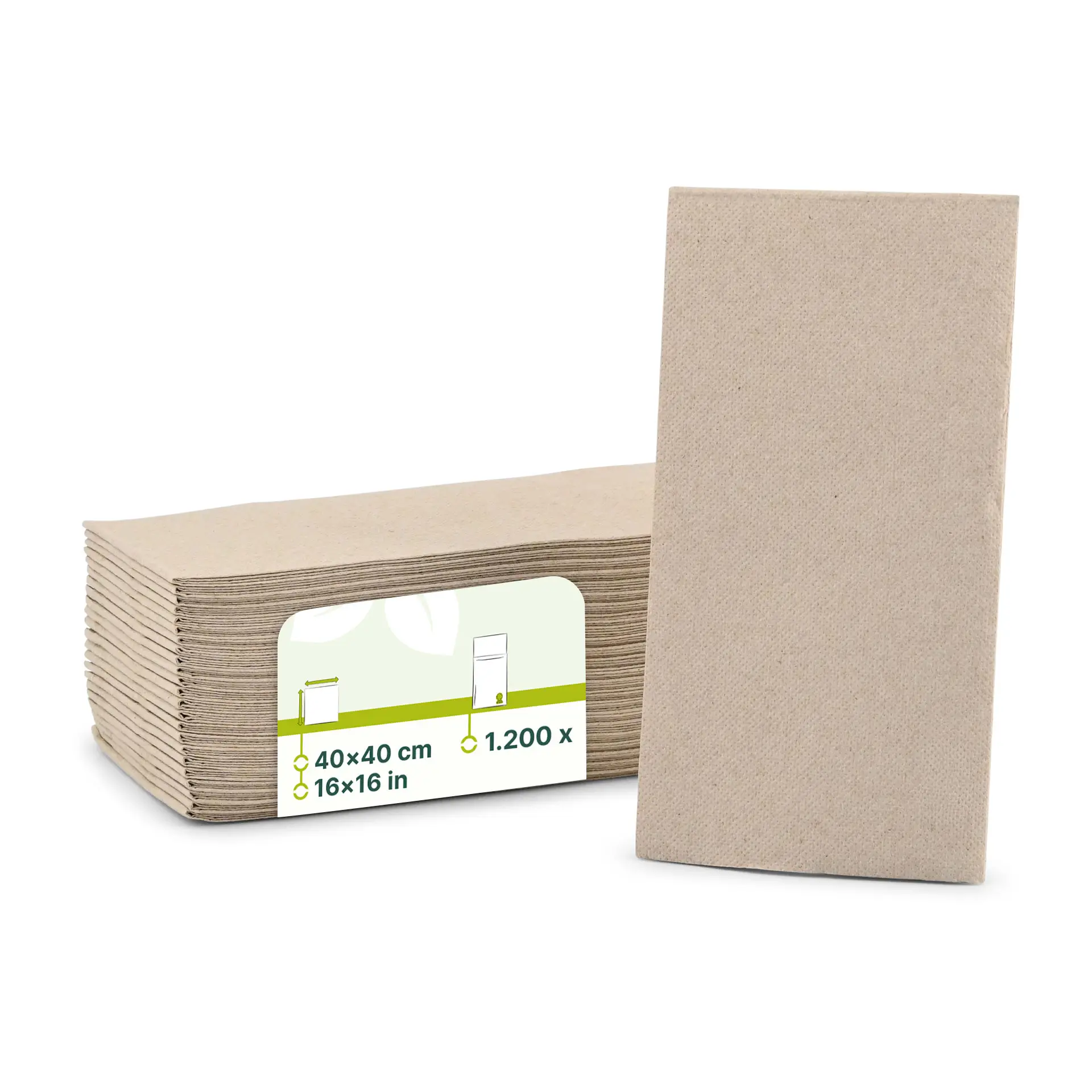Stack of unbleached, 2-ply recycled paper napkins, 40 x 40 cm, with a rectangular shape and visible packaging label.
