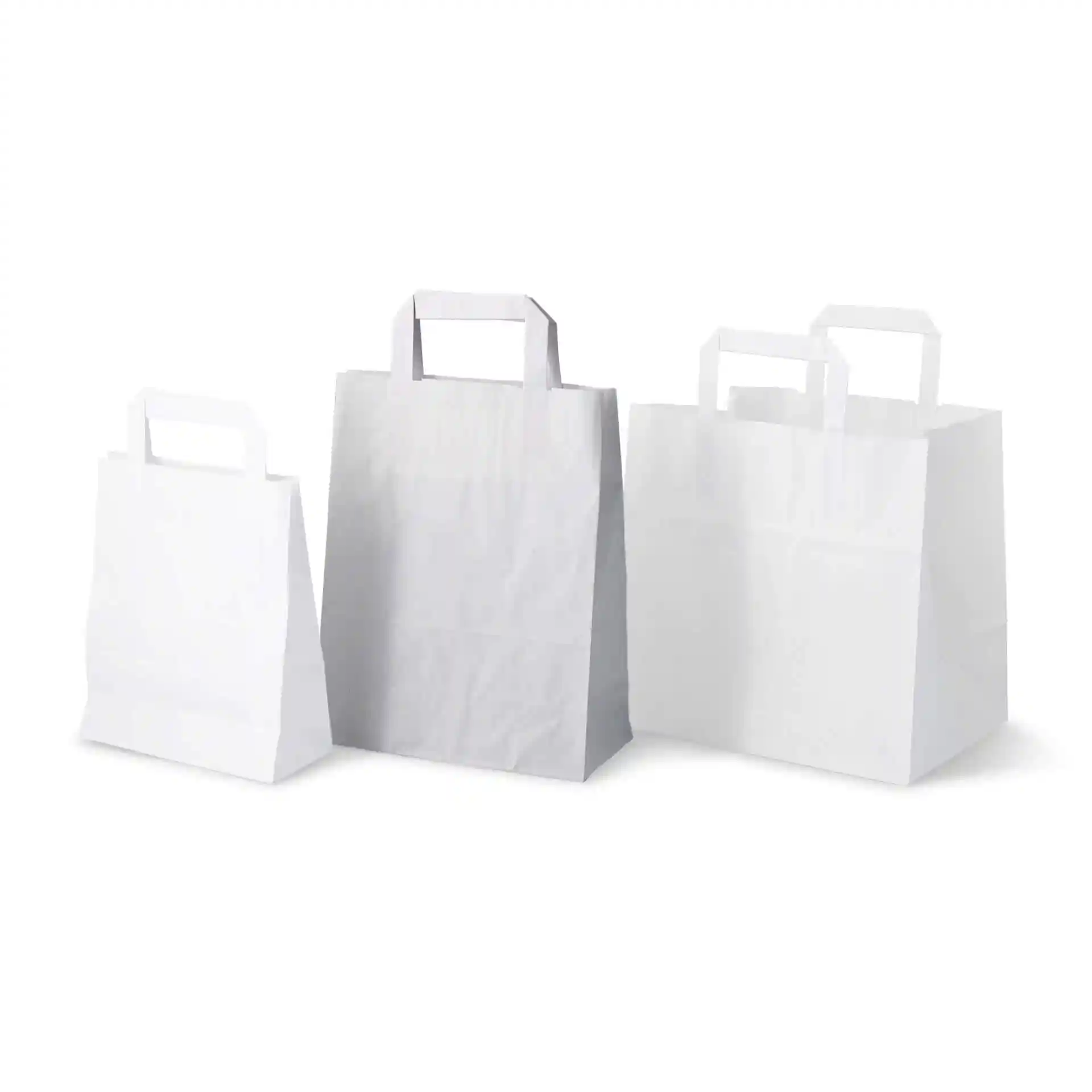 Three white kraft paper carrier bags of varying sizes, with handles, displayed on a plain background.
