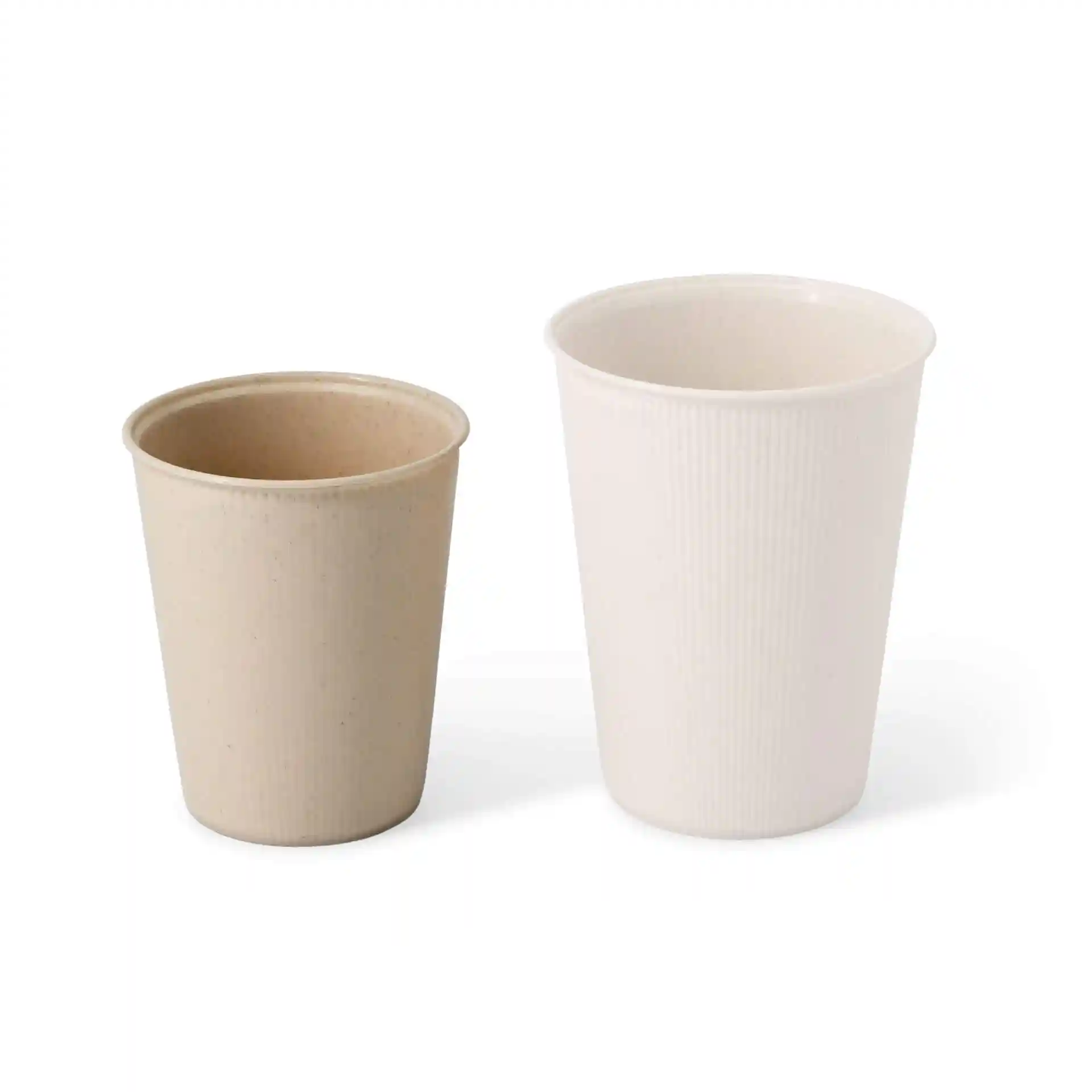 Two reusable coffee cups, one cream white and one beige, displayed side by side on a plain background.