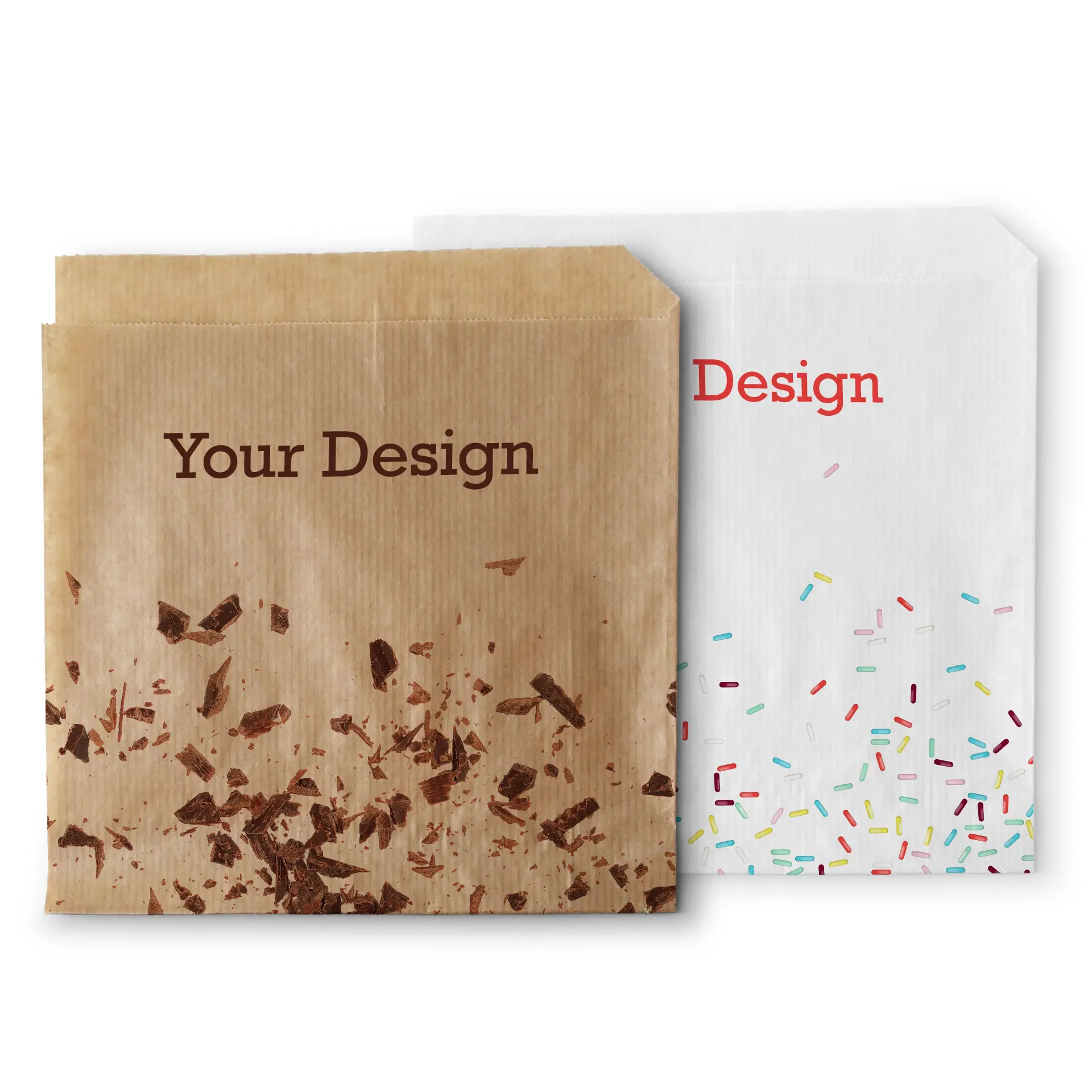 Custom printed burger sleeves in brown and white; features a chocolate chip design and colorful sprinkles.
