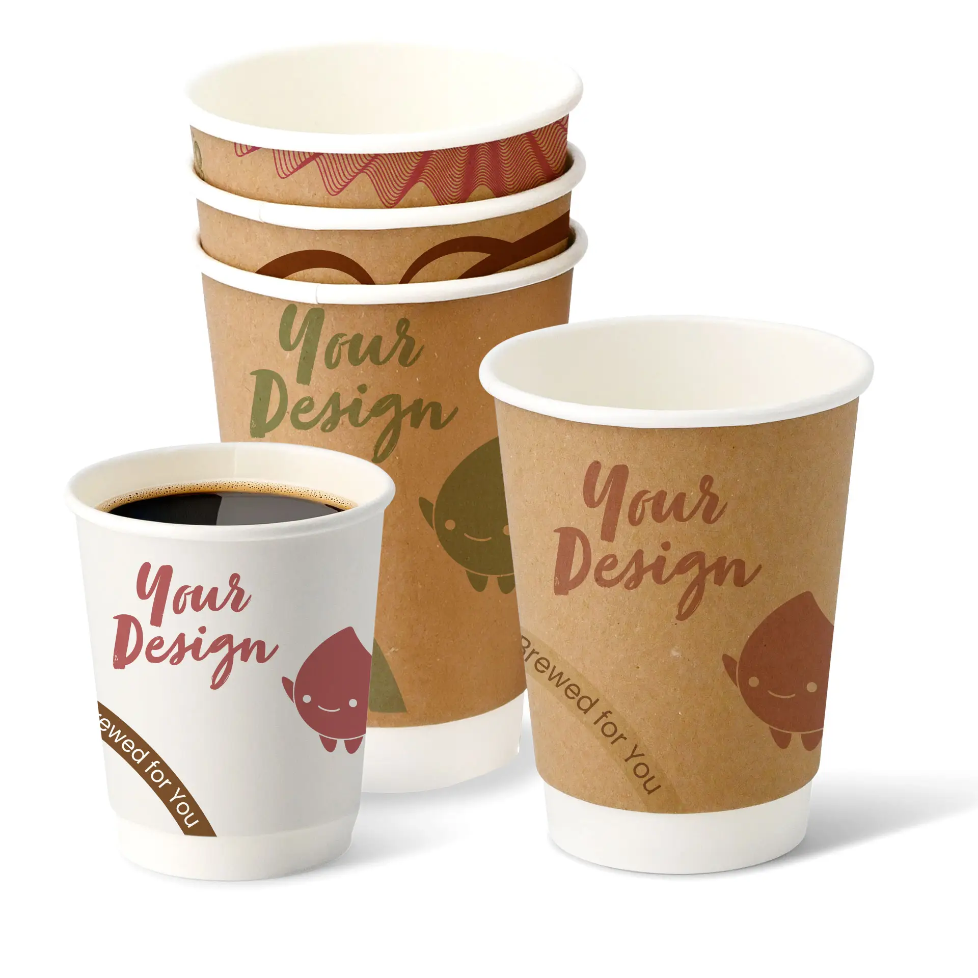 White paper cups in various sizes, featuring printed designs and a round shape, stacked together.