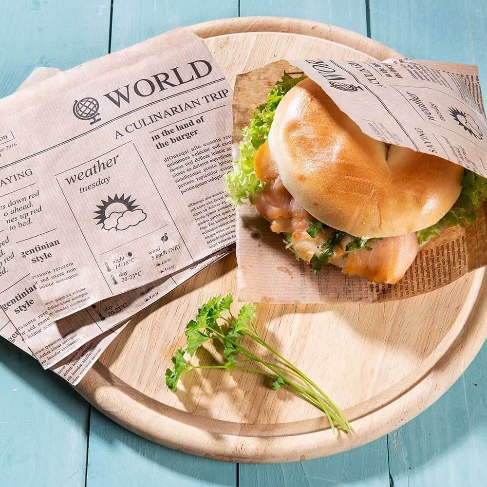 Papier-Burger-Taschen 15 x 16 cm, Zeitungsoptik, braun