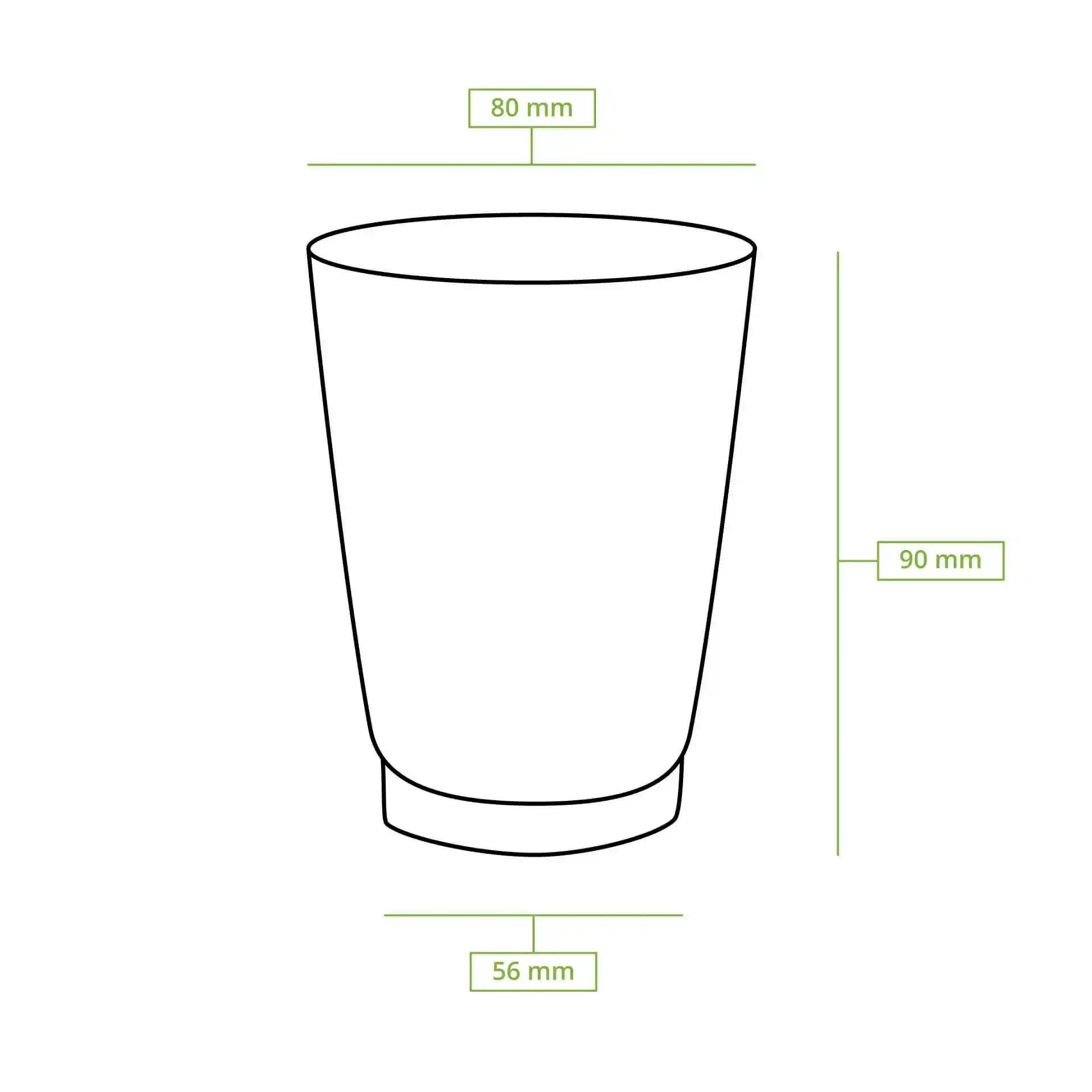 Schematische Zeichnung eines doppelwandigen Bechers mit Abmessungen: Höhe 95 mm, oberer Durchmesser 80 mm, unterer Durchmesser 52 mm.