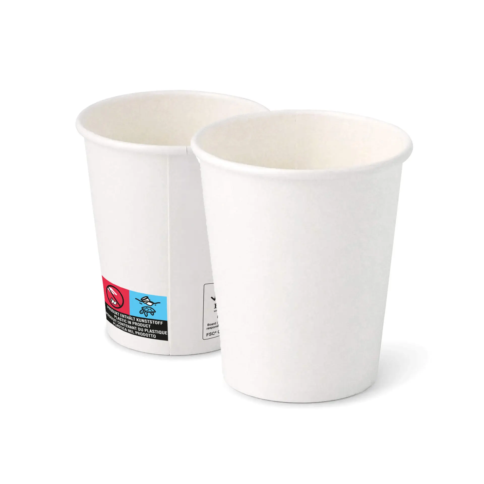 Zwei 8 oz weiße Papierbecher mit PE-Beschichtung, mit einem Seitenetikett mit Kennzeichnungen und Recyclingsymbolen.