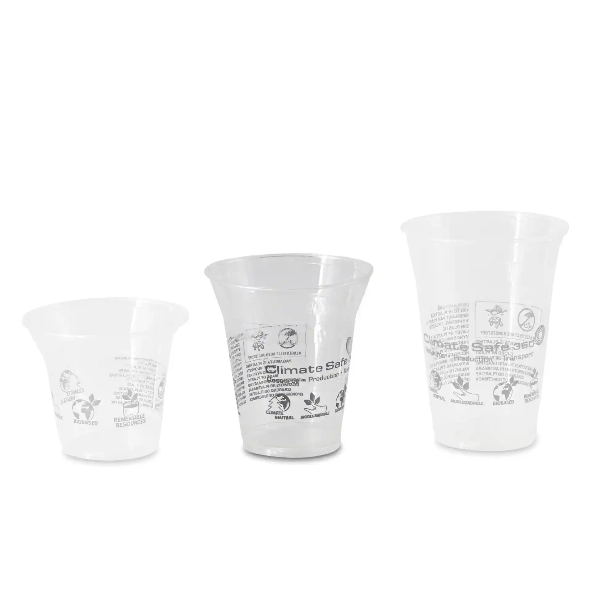 Three transparent PLA smoothie cups of varying sizes, showing different heights and diameters.
