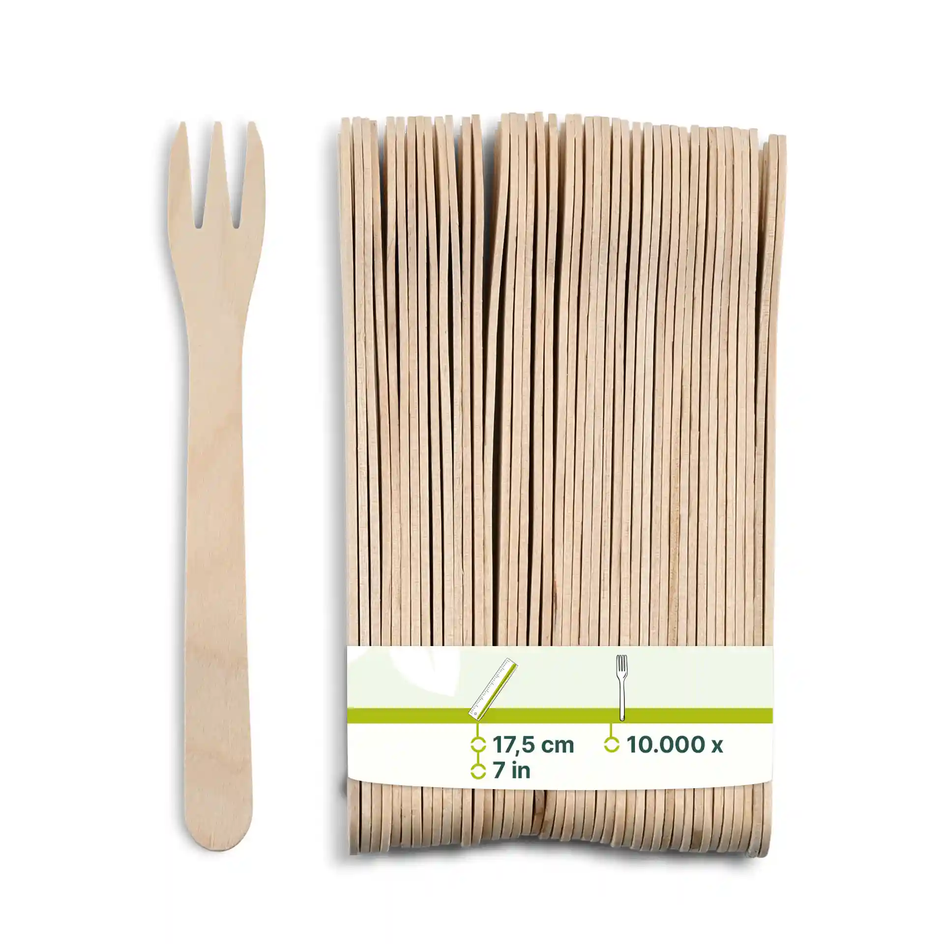Holz-Chipgabel mit drei Zinken, 17,5 cm lang, neben einem Bündel ähnlicher Gabeln auf weißem Hintergrund.