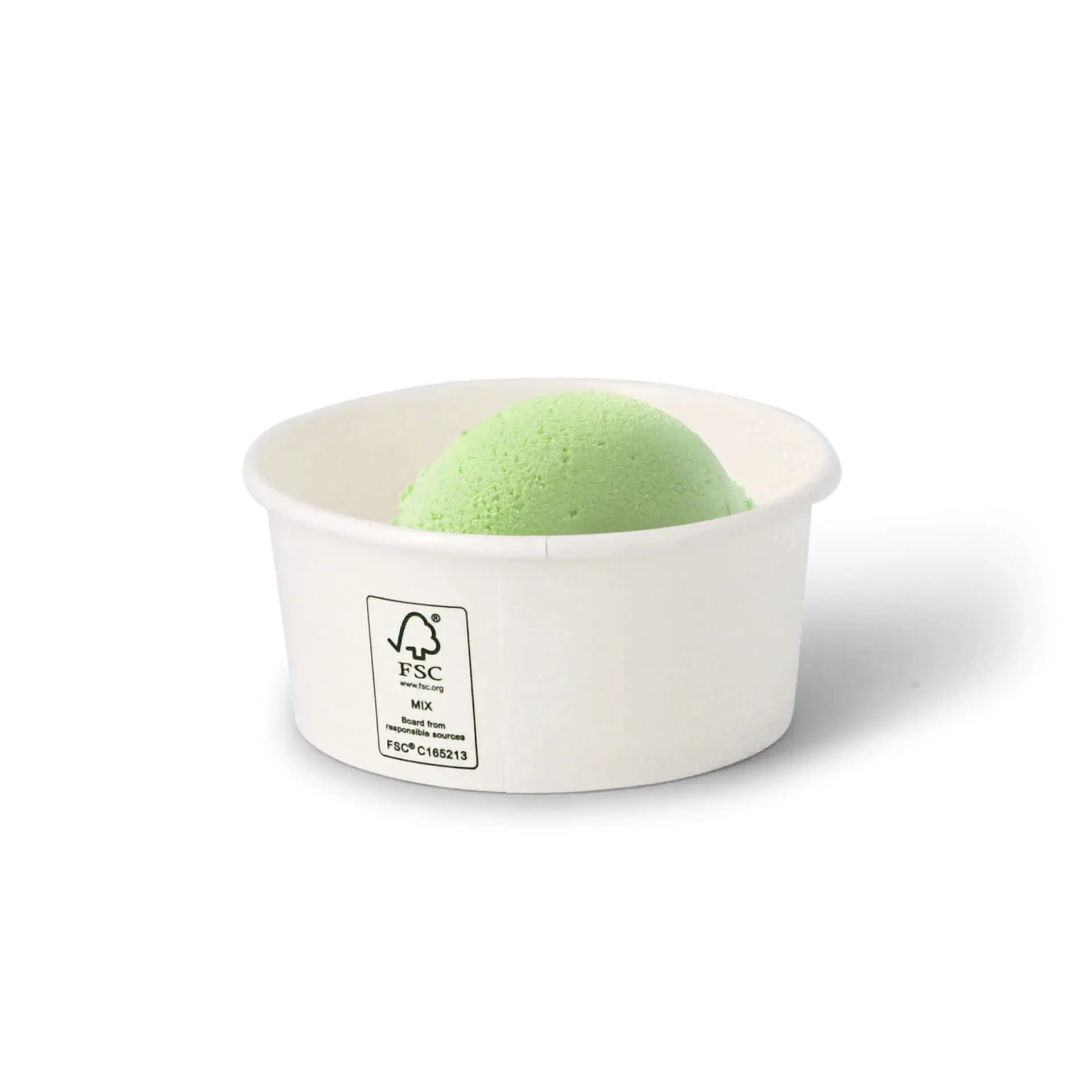 One white paper ice cream cup with a green ice cream scoop inside; features FSC logo and biodegradable marking.