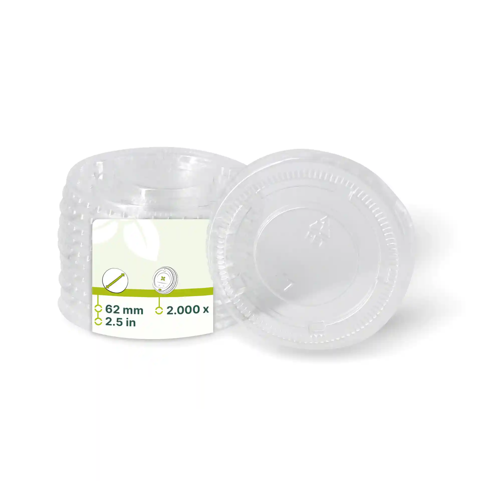 Clear round PET lids with a diameter of 62 mm, stacked with a label showing product details.
