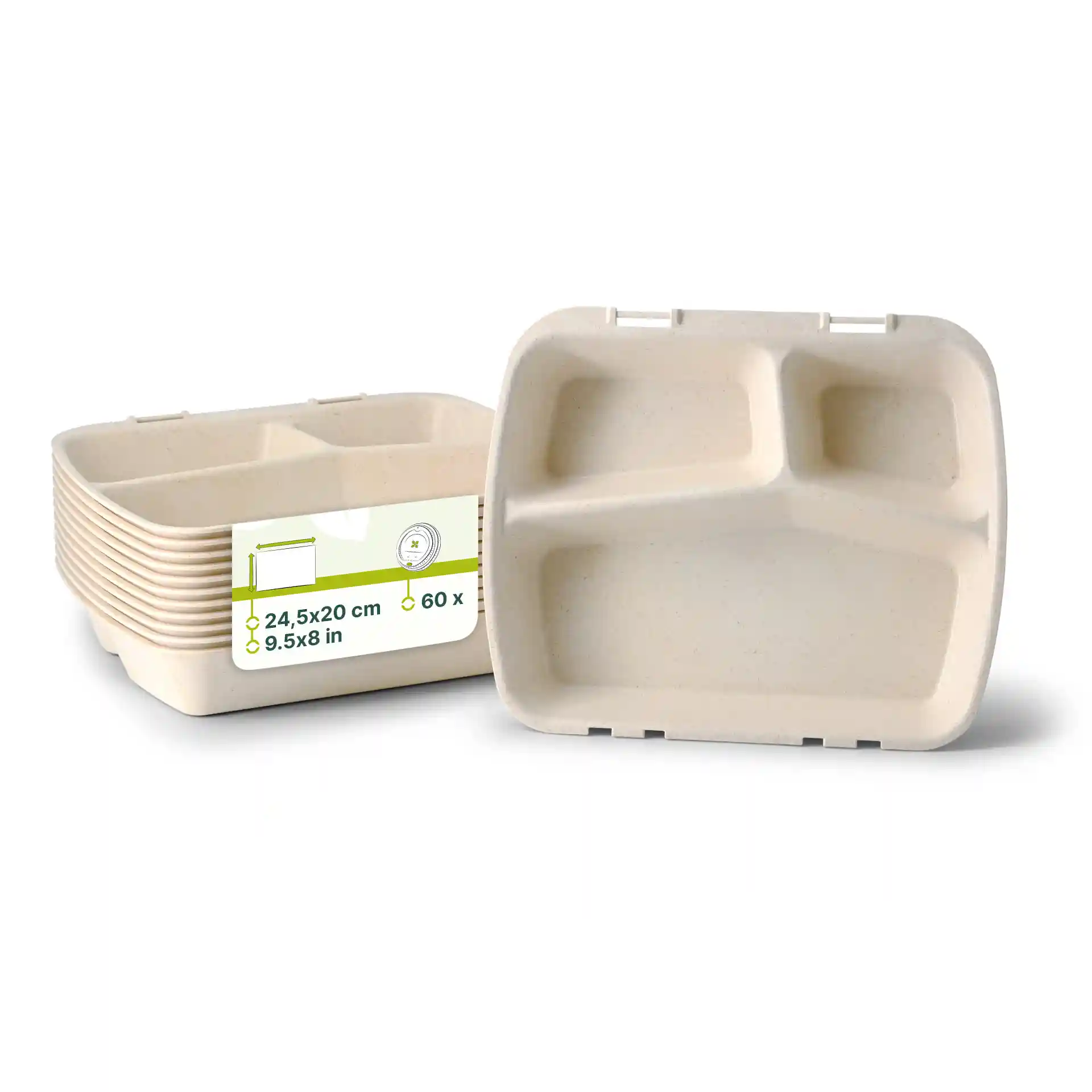 Stack of reusable meal containers with three compartments, cream white color, dimensions 24.5 x 20 x 4.5 cm.