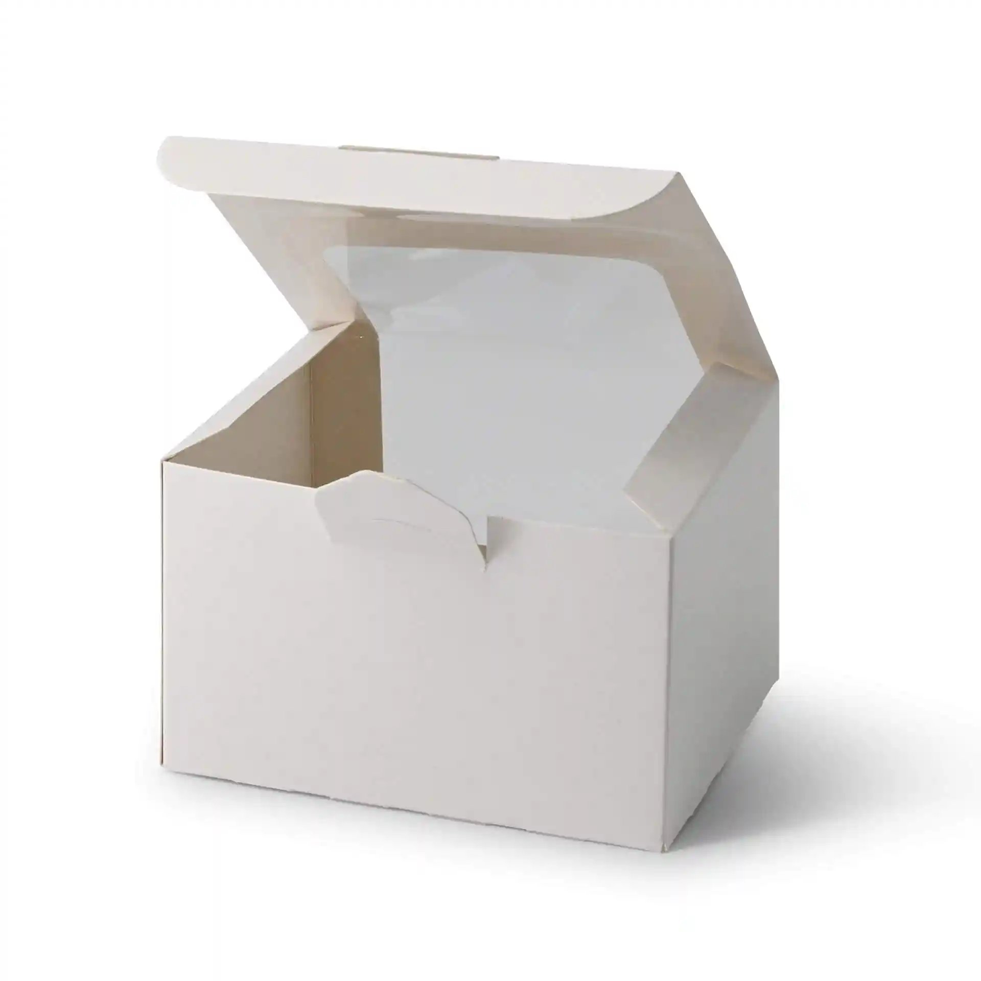 White pastry box with an open lid, dimensions 13 x 11 x 8 cm, featuring a cellulose window.
