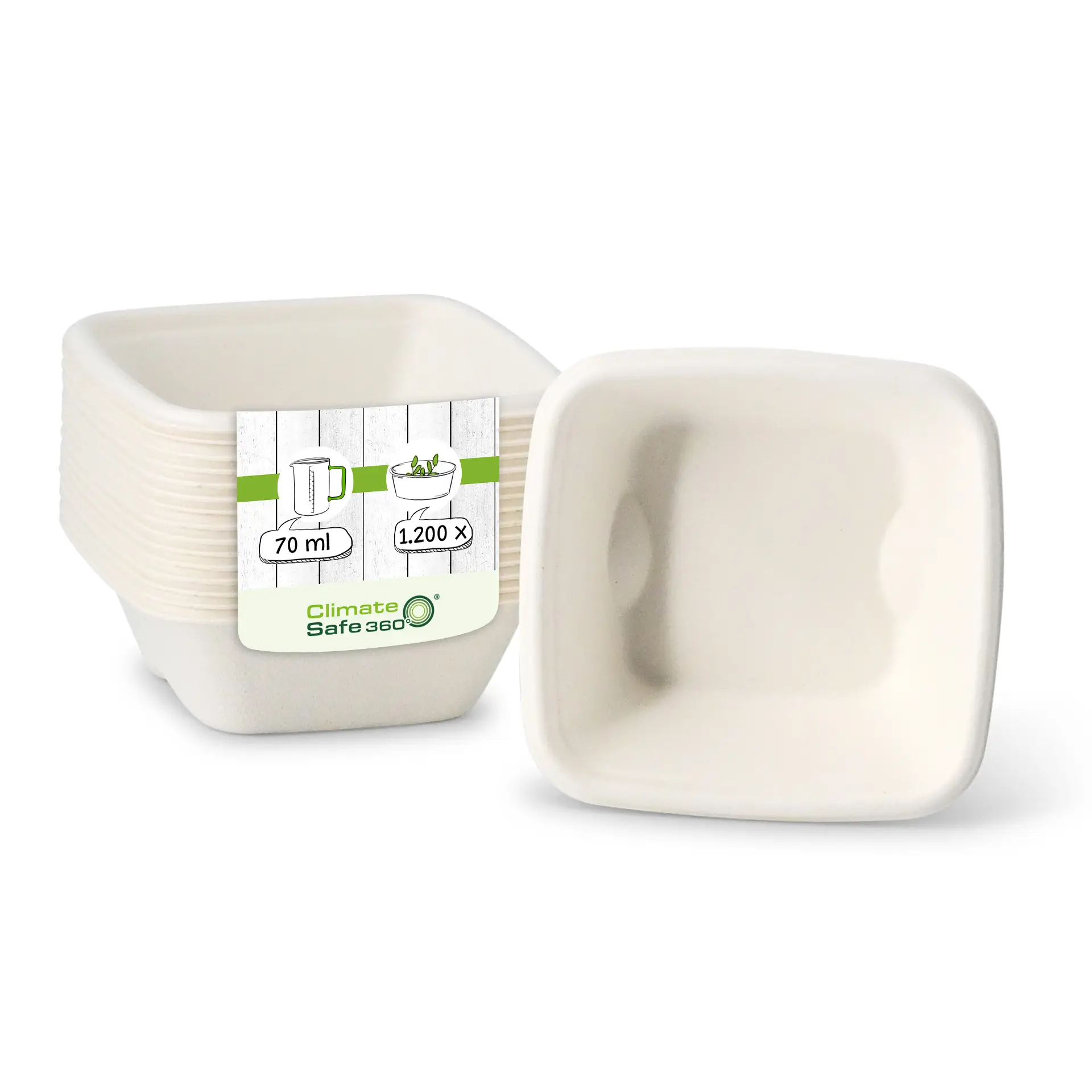 Portionsbecher aus Zuckerrohr 70 ml, 80 x 80 x 27 mm, quadratisch