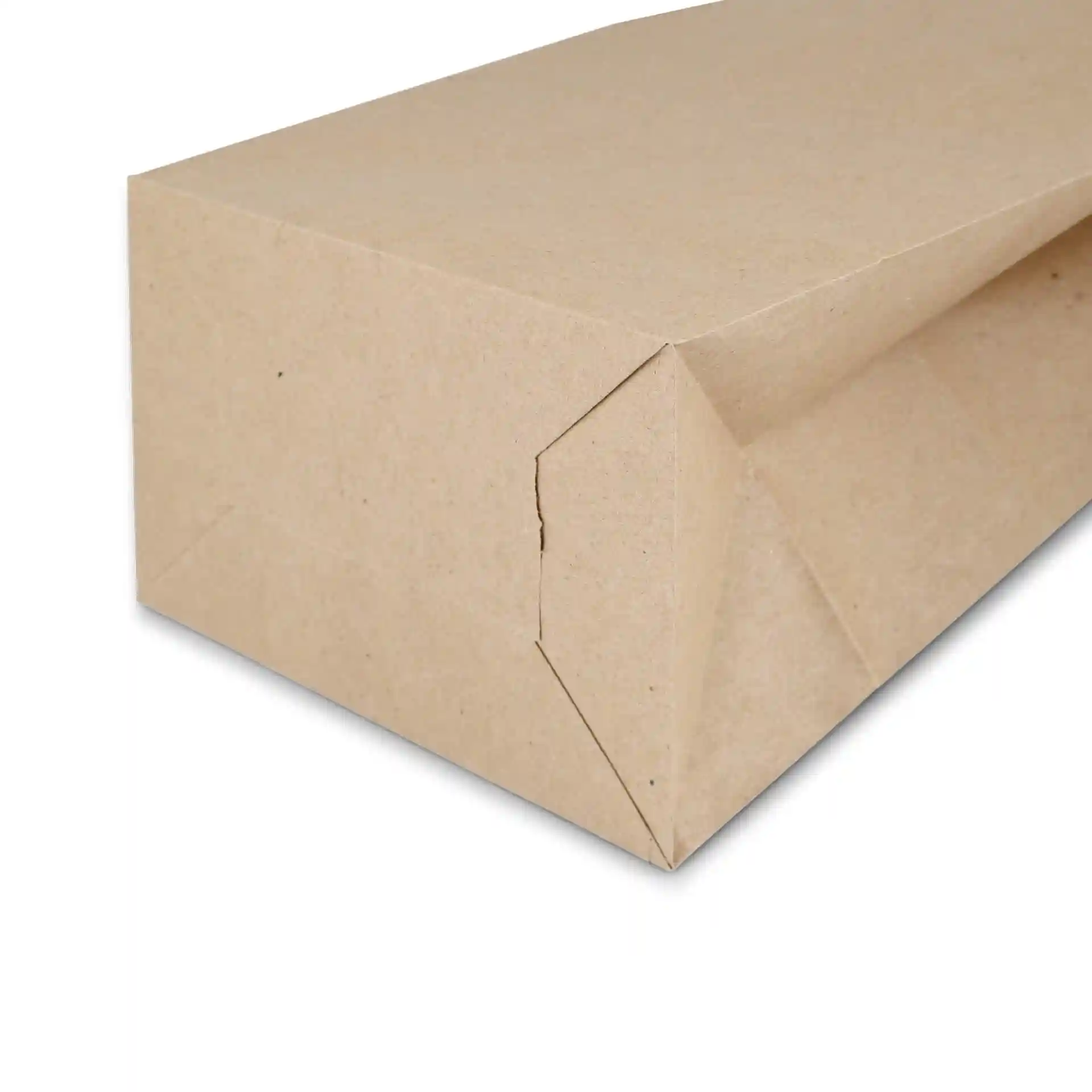 Brown kraft paper block bottom bag, 15 x 10 x 25 cm, showing the folded corner and flat base.
