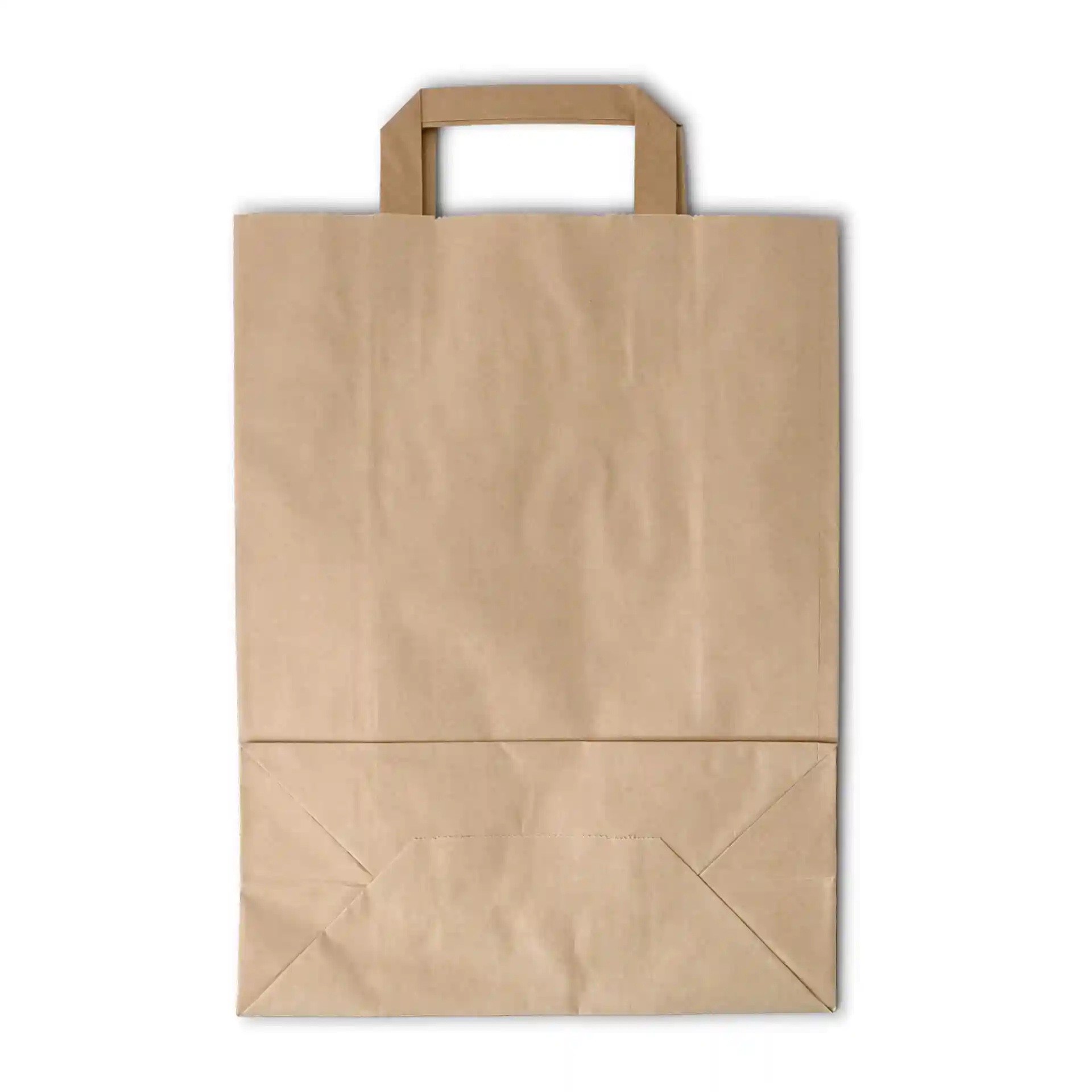 Braune Papiertasche in rechteckiger Form mit zwei oberen Griffen, 26 x 12 x 35 cm groß.