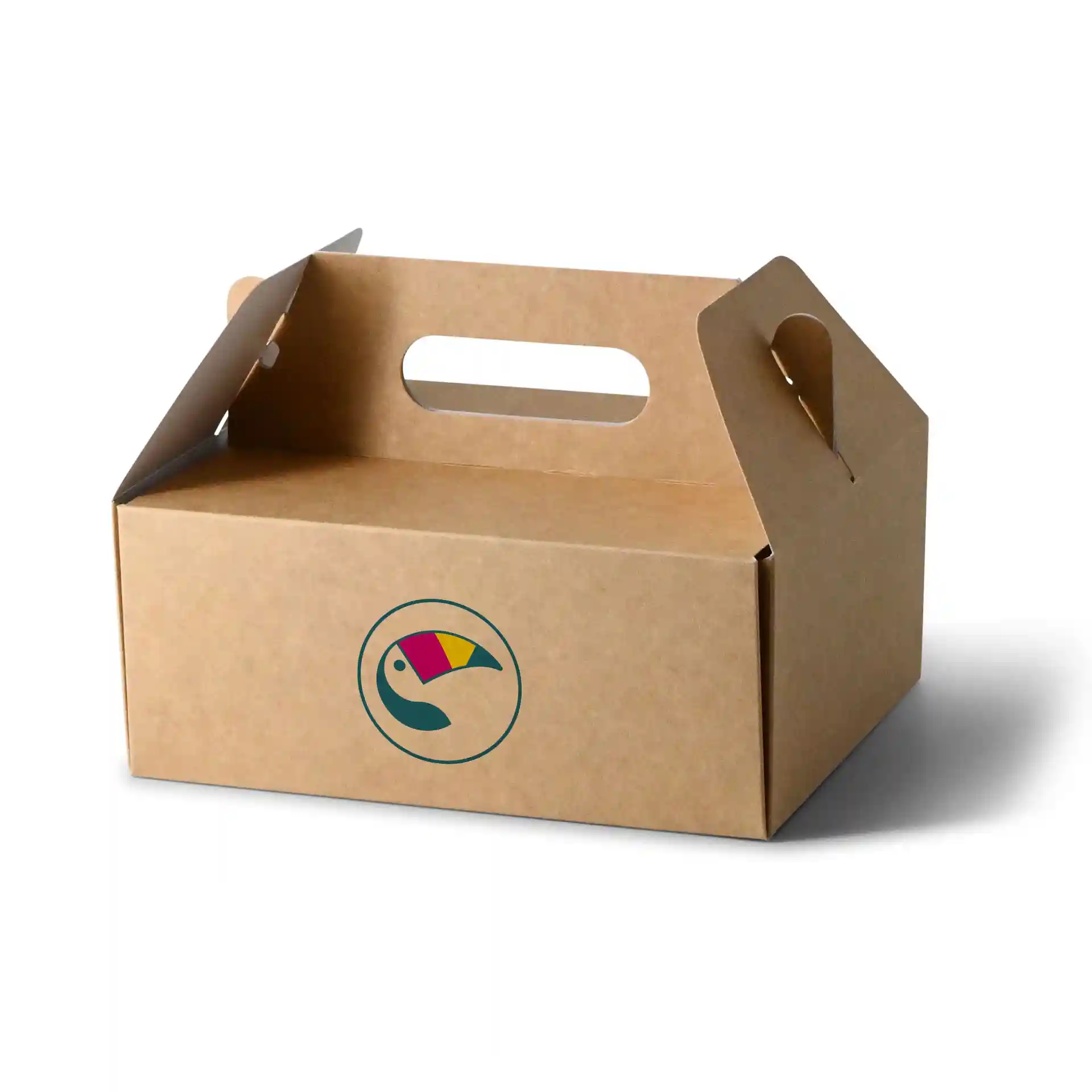 Braune, individuell bedruckte Kuchenbox mit Griff, 21 x 16 x 9 cm, mit kreisförmigem Logodesign.