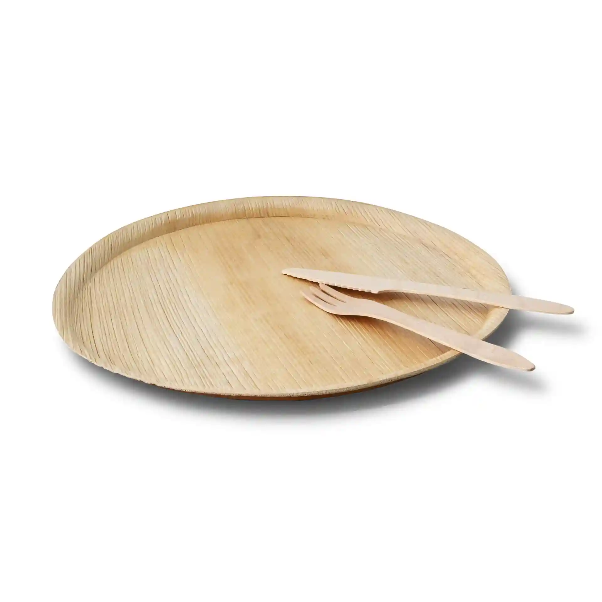 Round palm leaf pizza plate with a diameter of 27 cm, accompanied by a knife and fork.