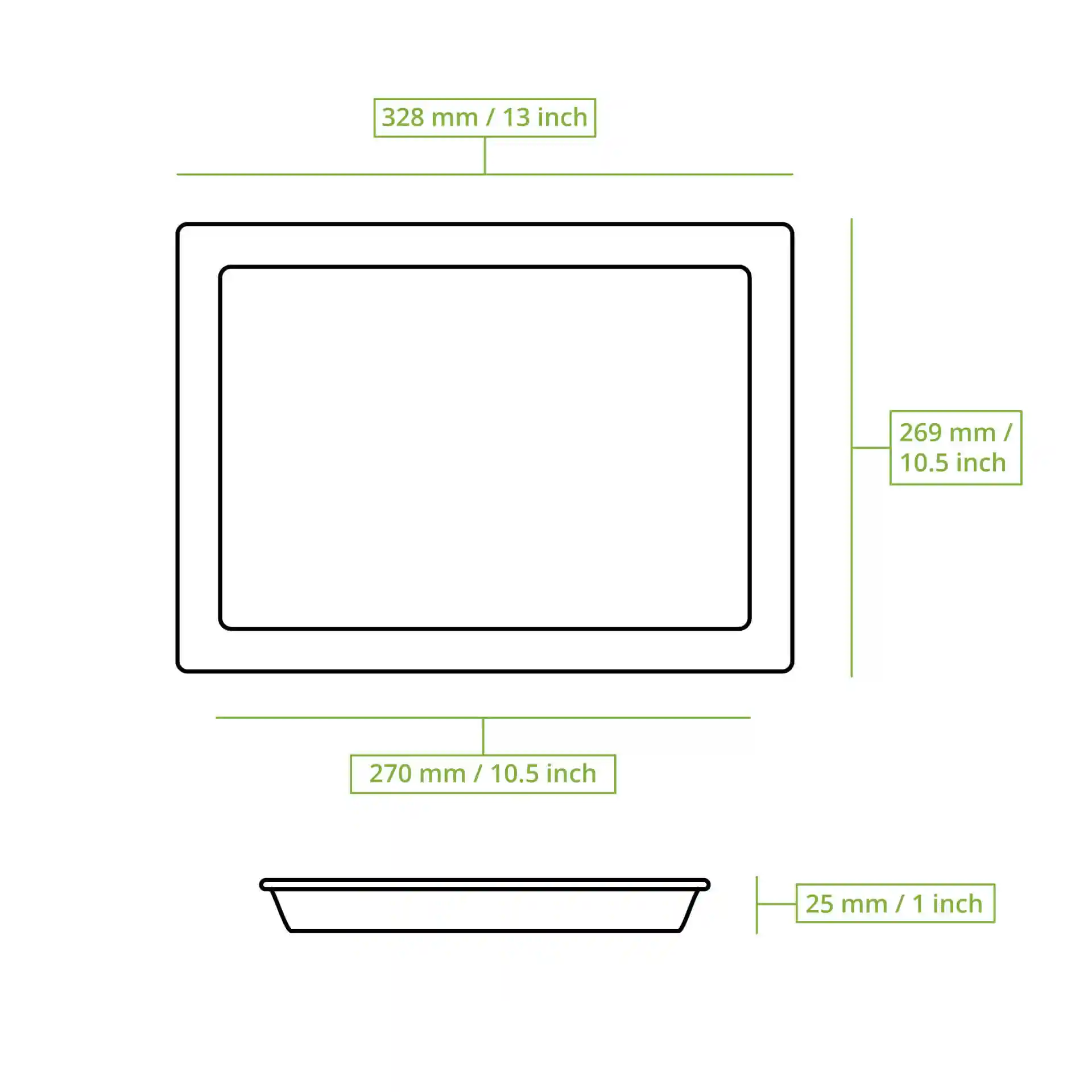 Schematische Zeichnung eines rechteckigen Palmblatt-Tabletts mit beschrifteten Abmessungen: 328 mm Länge, 269 mm Breite und 25 mm Höhe.