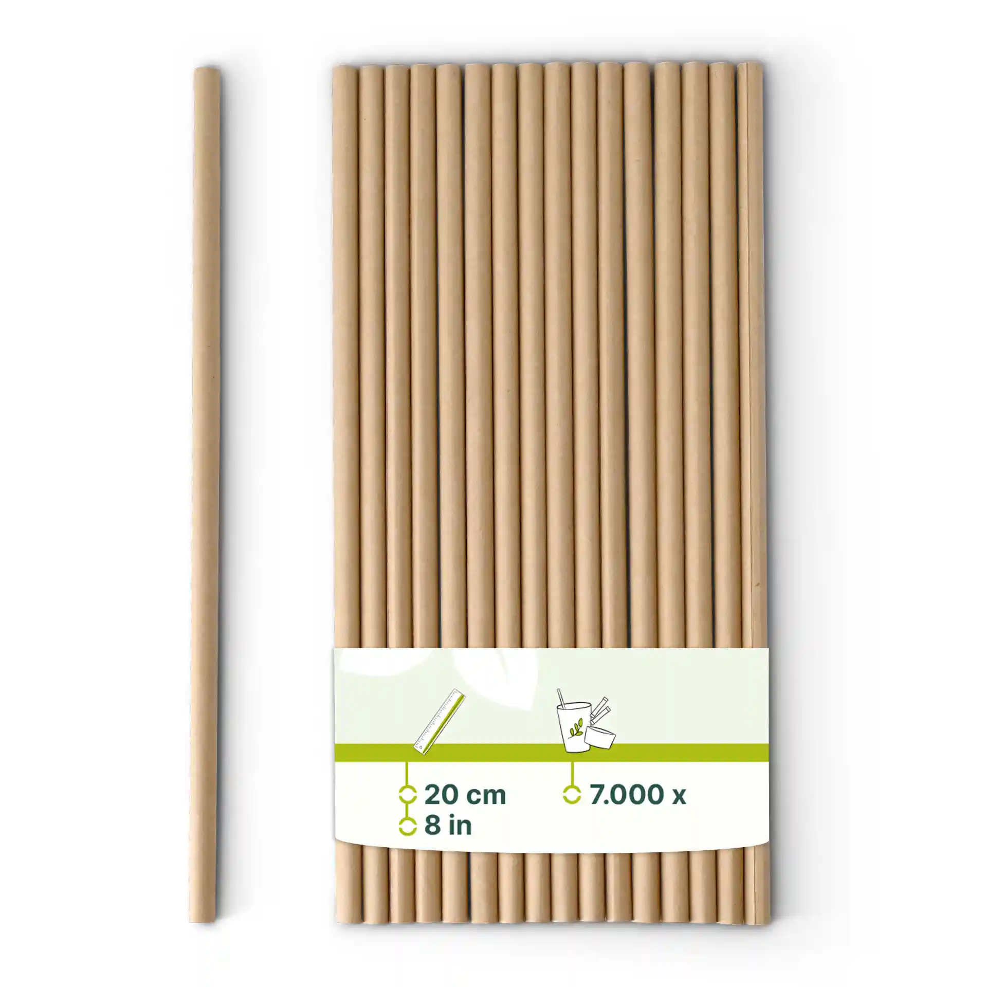 Braune Papiertrinkhalme, 20 cm lang und 0,6 cm breit, vertikal angeordnet mit einem Etikett, das Produktdetails zeigt.