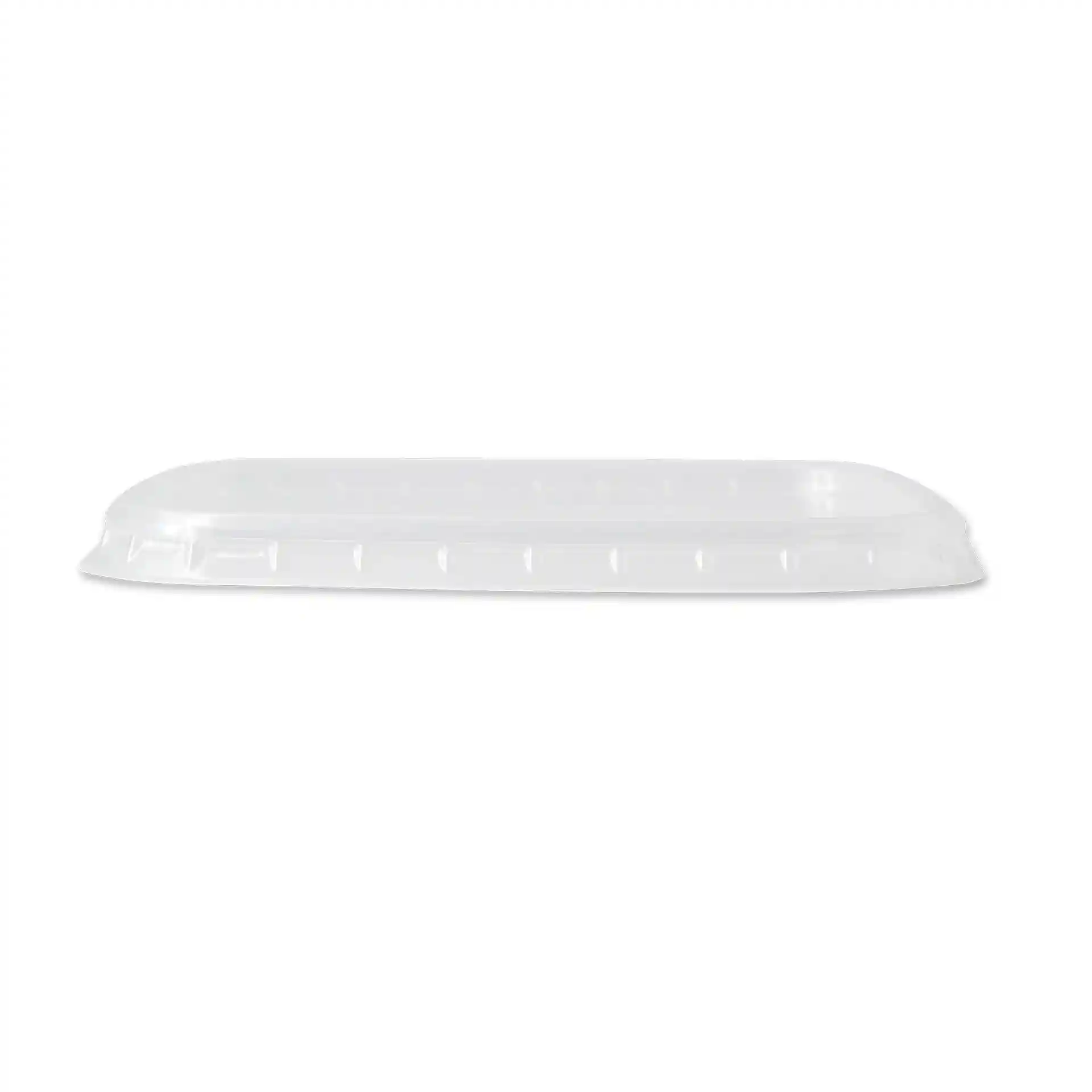 Transparent rectangular cup lid made of PP, measuring 10.5 x 8 cm, shown from the side.