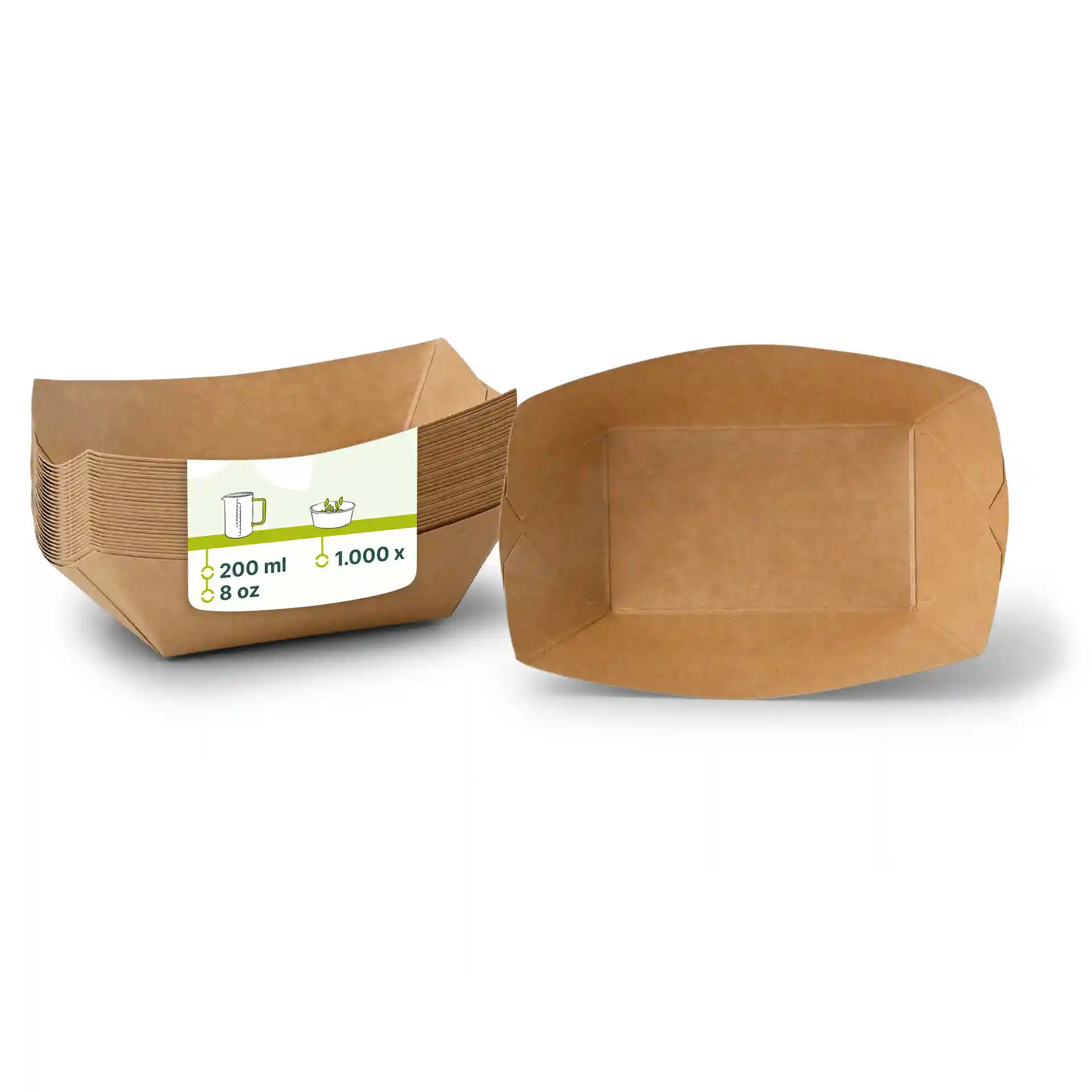 Brown cardboard snack trays in a rectangular shape, with a label showing volume and quantity details.