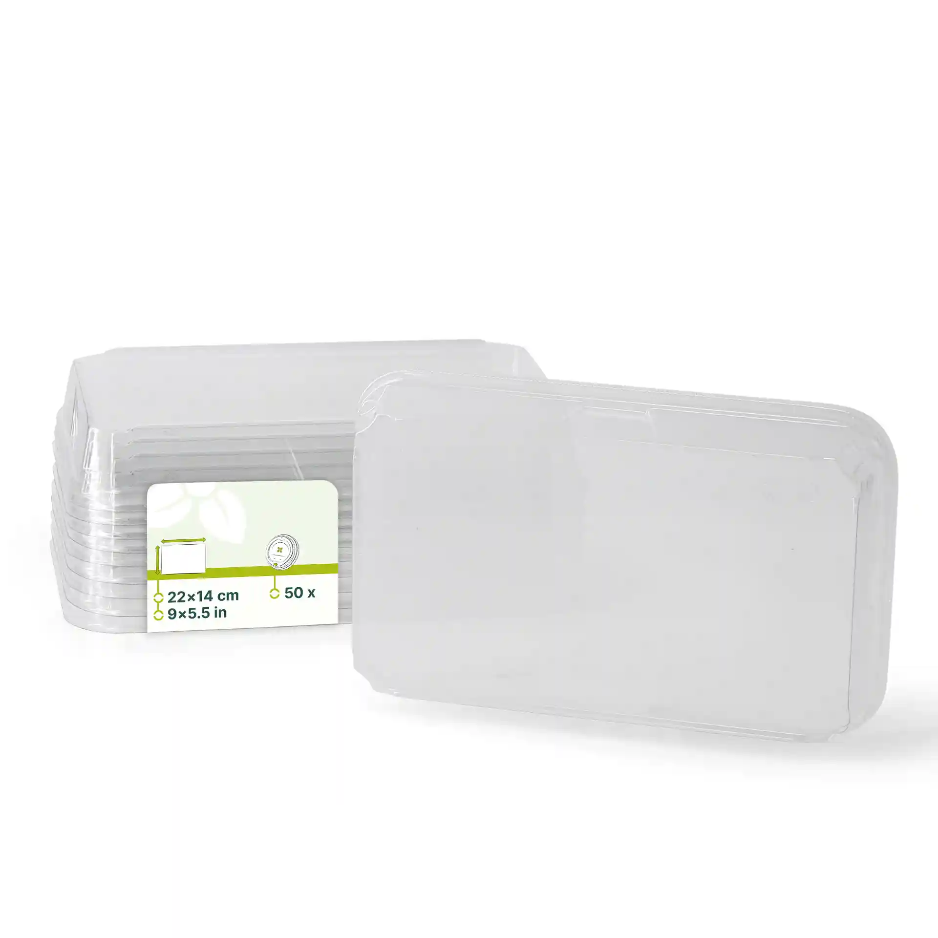 Transparent PET lids for sushi boxes, measuring 22 x 14 cm, stacked with a label showing quantity and dimensions.