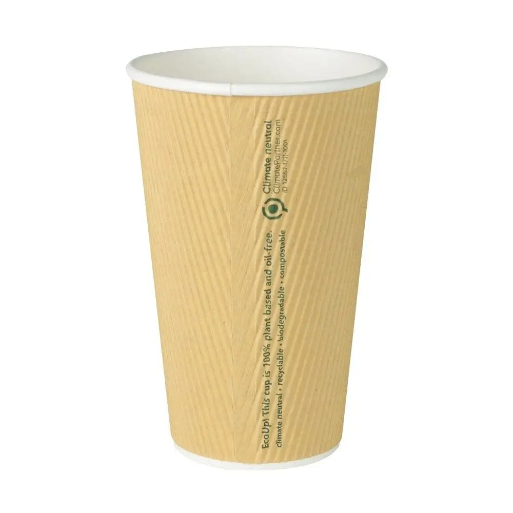 Riffelbecher / Coffee to go Becher 400 ml / 16 oz, Ø 90 mm, braun / innen weiß, PLA-beschichtet