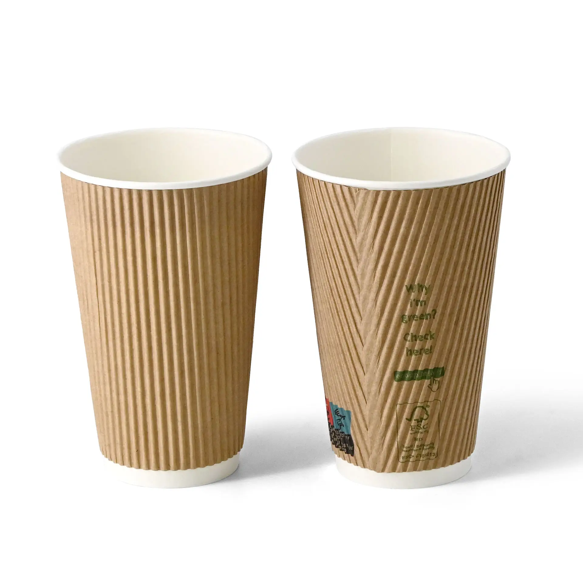 Riffelbecher / Coffee to go Becher 400 ml / 16 oz, Ø 90 mm, braun / innen weiß, PLA-beschichtet