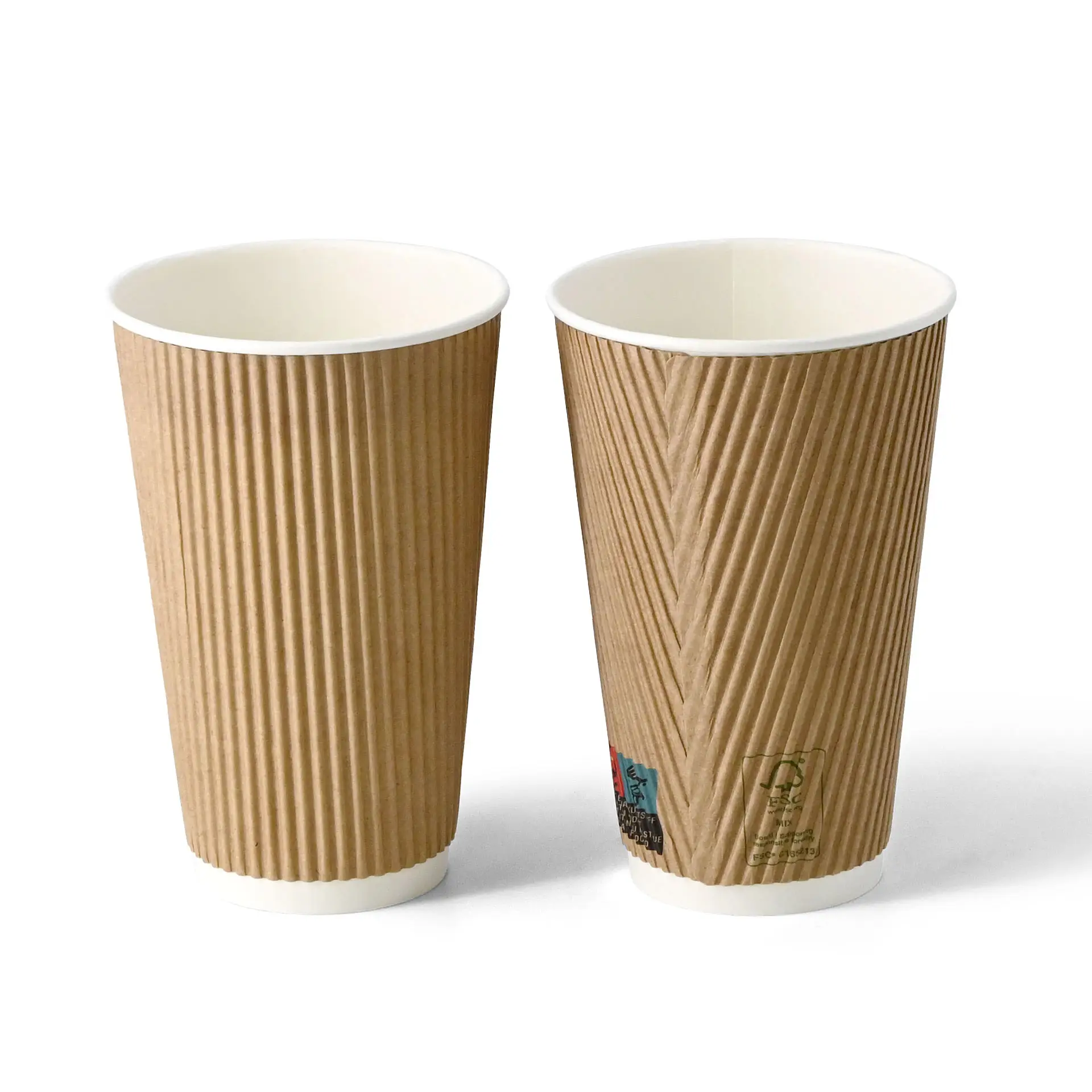 Zwei 16 oz Becher mit Rillen in Braun und weißen Innenflächen, mit unterschiedlichen Rillenmustern.