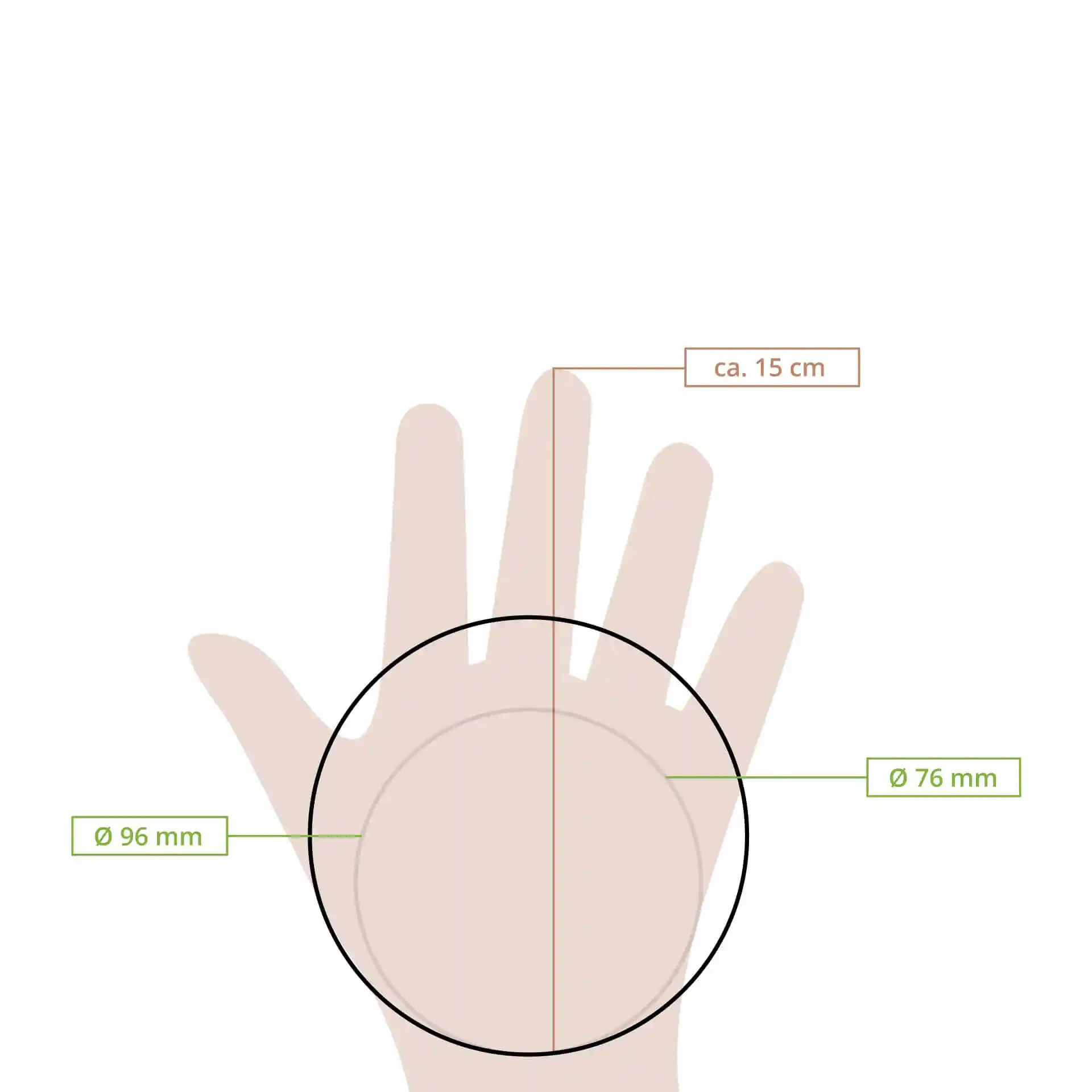 Schematische Zeichnung einer Hand mit einem runden Deckel, zeigt Abmessungen von Ø 96 mm und Ø 76 mm.