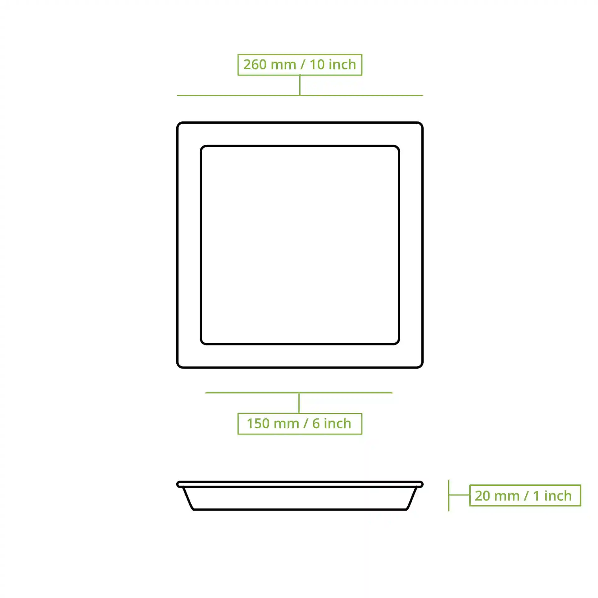 Schematische Zeichnung einer quadratischen Zuckerrohrplatte mit den Maßen 260 mm x 260 mm und einer Höhe von 20 mm.