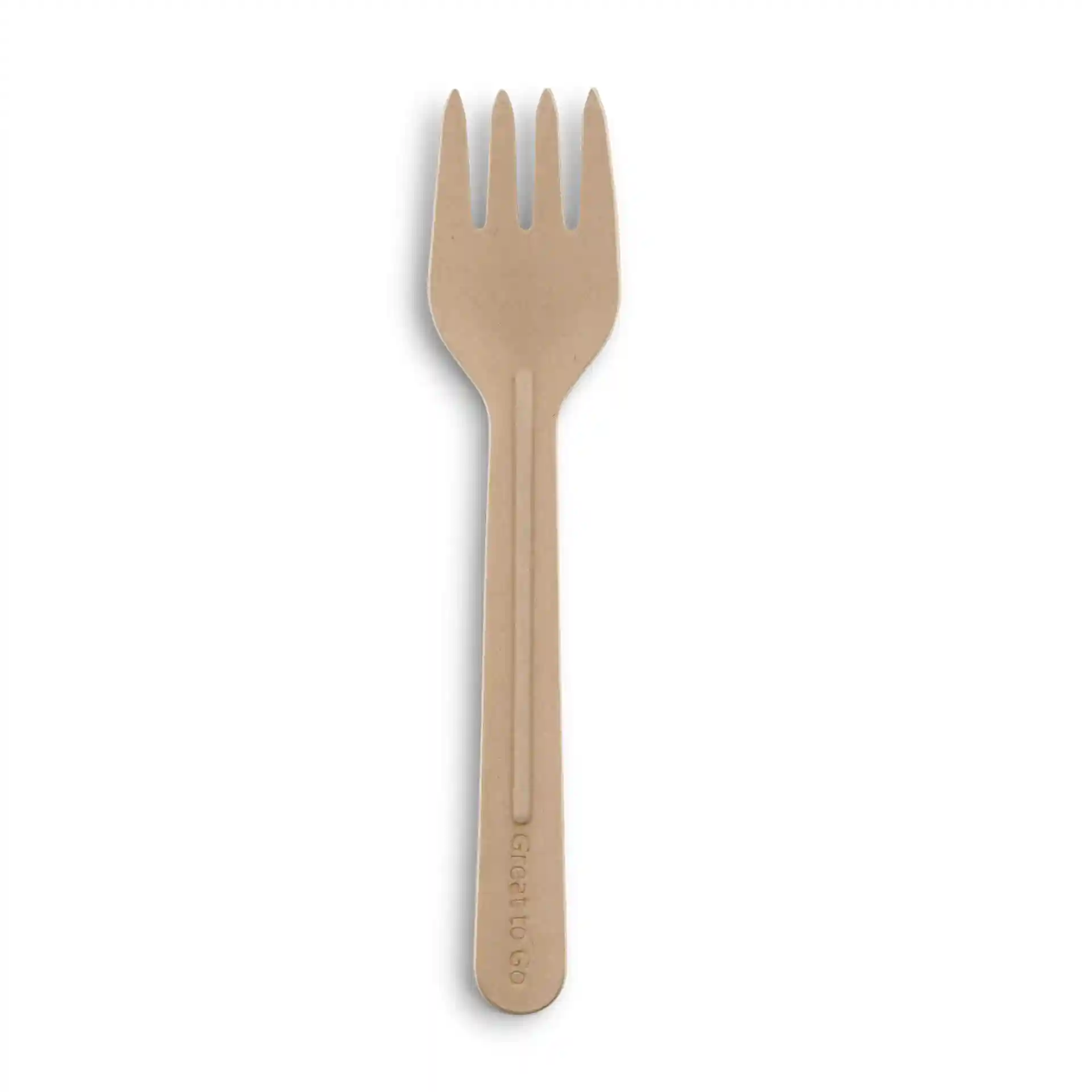 Brown paper fork measuring 16.5 cm in length, with a four-pronged head and a flat handle.